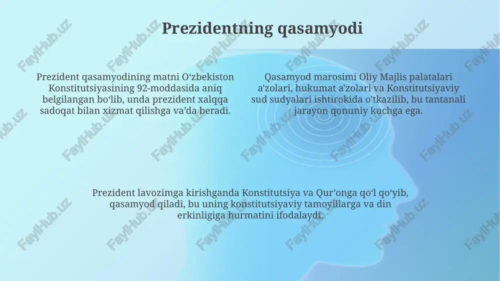 ari muntazam ravishda monitoring qilinadi. prezident qarorlari, odatda, farmonlarga nisbatan joriy masalalarni hal etishga yoʻnaltirilgan boʻlib, masalan, vazirlar mahkamasining faoliyatini muvofiqlashtirishga qaratilgan 182-sonli qaror. veto huquqi veto huquqi prezidentga kongress bilan muzokaralarda muhim vosita bo'lib xizmat qiladi, chunki qonun loyihasini rad etish orqali u muhim o'zgarishlarga erishishi yoki qonun qabul qilinishining oldini olishi mumkin. veto huquqi, aqsh konstitutsiyasining i moddasi, 7-qismi bilan berilgan bo'lib, prezidentga kongress tomonidan qabul qilingan qonun loyihasini rad etish imkonini beradi. prezident veto qo'ygan qonun loyihasi qayta ko'rib chiqish uchun kongressga qaytariladi va agar har ikki palata uchdan ikki qismi ovozi bilan uni qo'llab-quvvatlasa, qonun kuchga kiradi. prezidentning immuniteti prezident daxlsizligi o‘zbekiston konstitutsiyasining 96-moddasida kafolatlanadi, bu unga nisbatan jinoiy ish qo‘zg‘atishning maxsus tartibini belgilaydi, oliy majlis roziligini talab qiladi. prezidentning immuniteti uning vakolatlari davrida va undan keyin ham saqlanib qoladi, bu esa uning siyosiy sabablarga ko‘ra ta’qib qilinishiga yo‘l qo‘ymaslik uchun muhim huquqiy kafolatdir. jinoyat sodir …