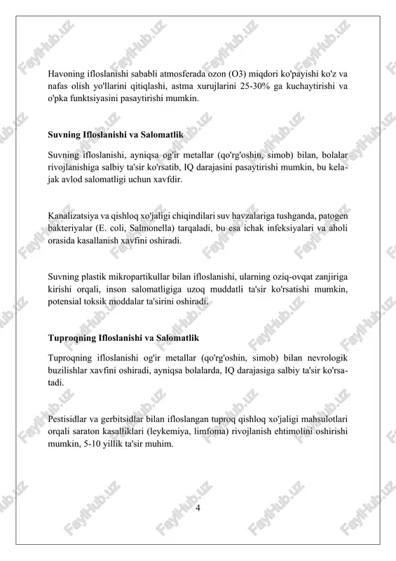 ansport vositalaridan foydalanish, jamoat transportidan foydalanishni 25% ga oshirish va velosipedda yurish kabi barqaror hayot tarzi sog'lom avlod uchun muhim ahamiyatga ega. sog'lom ovqatlanish va jismoniy faollik sog'lom ovqatlanishda kuniga kamida besh porsiya meva va sabzavot iste'mol qilish muhim, bu esa organizmga vitaminlar va minerallar yetkazib beradi. jismoniy faollik haftasiga kamida 150 daqiqa o'rta intensivlikdagi mashqlarni o'z ichiga olishi kerak, masalan, tez yurish yoki suzish. sog'lom ovqatlanish tarkibida kamroq tuz, shakar va to'yingan yog'lar bo'lishi, balki ko'proq tolaga boy mahsulotlar bo'lishi lozim. ota-onalarning roliga ko'maklashish ota-onalarning roli erta bolalik davrida 0-3 yoshgacha bo'lgan miya rivojlanishiga ta'sir qiladi, bu esa kelajakdagi salomatlik uchun muhim asos yaratadi. ota-onalik ko'nikmalarini oshirish, jumladan, stressni boshqarish va bolalarga ijobiy munosabatda bo'lish, ularning psixologik farovonligini 25% ga yaxshilaydi. ota-onalarni qo'llab-quvvatlash dasturlari bolalar orasida zo'ravonlik va giyohvandlik kabi xavfli xatti-harakatlarni kamida 15% ga kamaytirishi mumkin. davlat siyosati va qonunchilik "o'zbekiston respublikasining "atrof-muhitni muhofaza qilish to'g'risida"gi qonuni (1992-yil) …