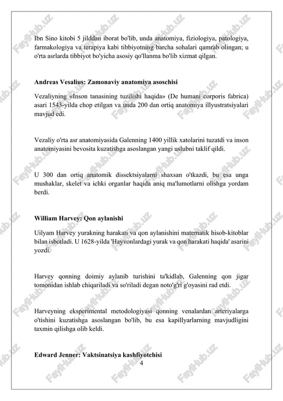 rshi immunitetni rivojlantirishga undadi, ammo kasallik xavfini keltirib chiqarmadi. salk vaktsinasi 1955-yilda keng qo'llanila boshlandi va polio kasalligi darajasini sezilarli darajada kamaytirdi, bu kasallikdan himoya qilishda katta muvaffaqiyat bo'ldi. salk o'z vaktsinasini patentlashdan bosh tortdi, buning o'rniga uni butun dunyoga bepul taqdim etdi, bu esa millionlab odamlarni himoya qilishga yordam berdi. rosalind franklin: dnk tuzilishi rosalind franklin rentgen nurlarining difraksiyasi usulidan foydalanib, dnkning 'b' shaklini aniqlagan mashhur 'foto 51' tasvirini yaratdi. ushbu tasvir dnk tuzilishini tushunishda muhim ahamiyatga ega. franklin dnk molekulasining fosfat guruhlari tashqi tomonda, azotli asoslar esa ichki tomonda joylashgan spiral ekanligini aniqlashga katta hissa qo'shdi. uning ishi uotson va krikning modelini tasdiqladi. franklin shuningdek, dnkning ikki xil shakli mavjudligini aniqladi: nam muhitda 'b' shakli va quruq muhitda 'a' shakli. u 'a' shaklining tuzilishini ham o'rgangan, lekin nashr eta olmagan. maurice hilleman: vaktsinalarning otasi hilleman 40 yil davomida merck kompaniyasida ishladi va u yerda qizamiq, tepki va qizilcha …