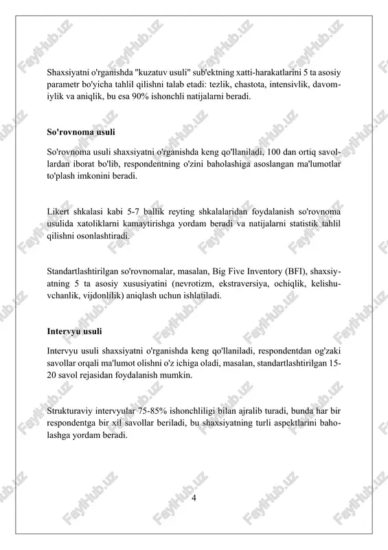 tga olmaydi. korrelyatsion tadqiqotlar korrelyatsion tadqiqotlar o'zgaruvchilar o'rtasidagi statistik bog'liqlikni aniqlaydi, masalan, a o'zgaruvchi ortishi b o'zgaruvchining kamayishiga olib kelishi (salbiy korrelyatsiya) yoki aksincha (ijobiy korrelyatsiya). ushbu tadqiqot turi sabab-oqibat aloqalarini isbotlay olmaydi, faqatgina o'zgaruvchilarning birgalikda o'zgarishini ko'rsatadi; misol uchun, 0,7 korrelyatsiya kuchliroq bog'liqlikni bildiradi. korrelyatsion koeffitsiyentlar -1 dan +1 gacha oraliqda bo'lib, 0 qiymati o'zgaruvchilar o'rtasida hech qanday bog'liqlik yo'qligini, ±1 esa mukammal bog'liqlik mavjudligini anglatadi. eksperimental tadqiqotlar eksperimental tadqiqotlar sabab-oqibat aloqalarini aniqlash uchun manipulyatsiya va nazoratdan foydalanadi, bunda mustaqil o'zgaruvchi ta'sirini 100 ta ishtirokchi bilan o'lchash mumkin. nazorat guruhi bilan solishtirish eksperimental tadqiqotlarning asosi bo'lib, 2 ta guruhdagi o'zgarishlarni kuzatish va 0 o'zgaruvchili ta'sirni aniqlashga yordam beradi. tasodifiy taqsimot eksperiment ishonchliligini oshiradi; 300 sub'ektni tasodifiy guruhlarga ajratish, oldindan mavjud farqlarni kamaytiradi va ichki validlikni ta'minlaydi. ma'lumotlarni tahlil qilish usullari faktor tahlili shaxsiyat xususiyatlarini qisqartirish uchun ishlatiladi. masalan, 30 ta xususiyatni 5 ta asosiy faktorga, masalan, big five modeliga …