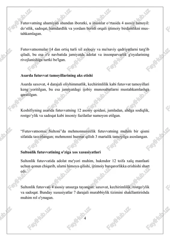 i tasviri batafsil berilgan, ammo boshqa futuvvatnomalarda kasblar soni va tavsifi unchalik ko‘p emas, balki umumiy xarakterga ega. asarda alining fazilatlari va futuvvat peshvosi sifatidagi roli keng yoritilgan, boshqa ko‘plab futuvvatnomalarda esa uning o‘rni nisbatan kamroq ahamiyatga ega. asarning axloqiy va ta'limiy ahamiyati asarda 40 ta futuvvat tamoyillari orqali insoniylik fazilatlari targ'ib qilinadi, bu esa jamiyatda axloqiy me'yorlarni mustahkamlashga xizmat qiladi. kitobda saxovat, rostgo'ylik va adolat kabi 12 ta asosiy axloqiy tushunchalar chuqur tahlil etiladi, bu esa shaxsiy kamolotga yo'naltiradi. ta'limiy ahamiyati 7 bo'limdan iborat bo'lib, unda turli kasb egalari uchun 25 ta ibratli hikoyalar keltirilgan, bu esa amaliy saboq beradi. asarning o'rganilish tarixi va bugungi kundagi dolzarbligi asarning dastlabki tadqiqotlari xx asr boshlarida amalga oshirilgan, ammo toʻliq nashr 1990-yillarga toʻgʻri keladi, bu uni keng oʻrganish imkoniyatini berdi. bugungi kunda asar dolzarbligi axloqiy-taʼlimiy qadriyatlarni targʻib qilishi, ayniqsa, yosh avlodni tarbiyalashda muhim ahamiyatga ega ekanligidadir. koshifiyning futuvvatnomasi sufiy taʼlimotining keng qamrovliligi …