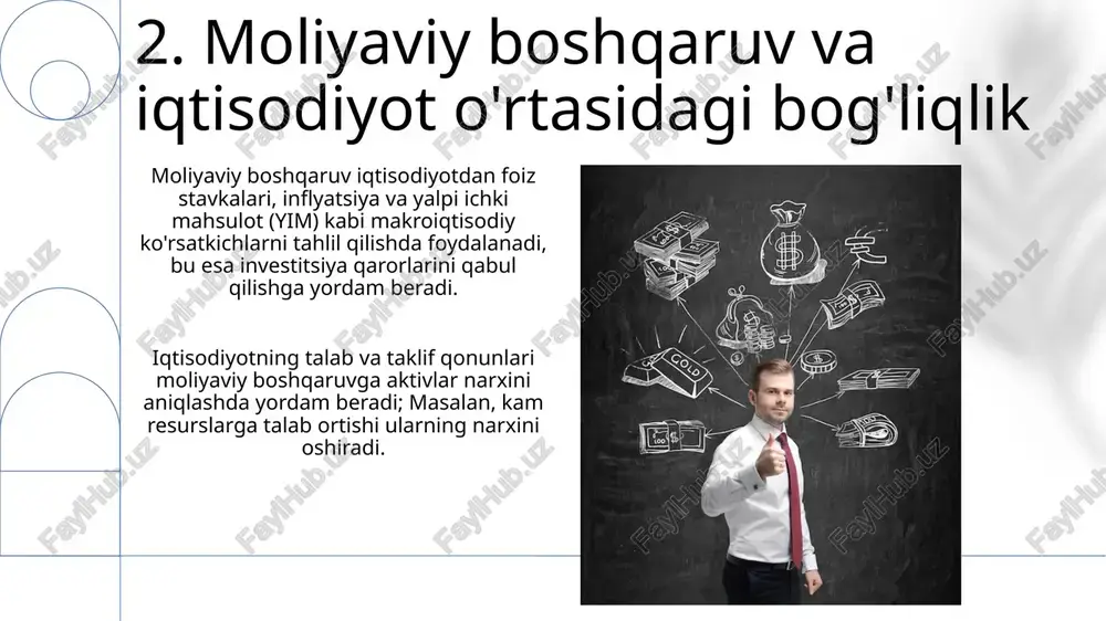lash orqali qo'llab-quvvatlaydi, bunda npv, irr kabi ko'rsatkichlar 5-10 yillik istiqbolli loyihalarni baholashda muhim. strategik boshqaruv moliyaviy boshqaruvga maqsadli ko'rsatkichlar (masalan, roi 15%ga yetkazish) orqali ta'sir o'tkazadi, bu esa resurslarni maqsadli taqsimlashni nazarda tutadi. 14.moliyaviy boshqaruv va ekologiya fanlari (barqaror moliyalashtirish) barqaror moliyalashtirish ekologik xavflarni baholash uchun moliyaviy modellarni qo'llaydi, masalan, 2°c haroratning ko'tarilishi aktivlarga qanday ta'sir qiladi. esg omillari (ekologik, ijtimoiy, boshqaruv) investitsiya qarorlarida muhim rol o'ynaydi, bu esa korporativ barqarorlikni oshirishga uringan 10% dan ortiq sarmoyalarni tashkil etadi. 15.moliyaviy boshqaruv va etika tamoyillari moliyaviy boshqaruv va etika tamoyillari korporativ boshqaruvning muhim qismi bo'lib, aktivlar bilan bog'liq shubhali xatti-harakatlar oldini olish uchun 100% shaffoflikni ta'minlaydi. etik tamoyillar foizlar to'lovlarini boshqarishda muhim rol o'ynaydi. bu kompaniyaning 5-10 yillik investitsiyalarini oqilona boshqarish imkonini beradi. 16.xulosa va kelajak istiqbollari kelajakda moliyaviy boshqaruv fanlararo integratsiyani kuchaytiradi, bu esa investitsiya portfelini optimallashtirishda 15% gacha samaradorlikka olib kelishi mumkin. 2030-yilgacha ai va katta ma'lumotlar tahlili …