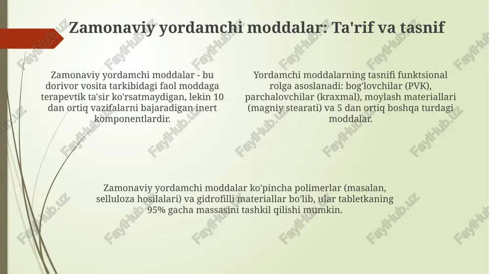nologik xususiyatlar, xususan, oquvchanlik, siqilish qobiliyati va lubrikantlik tabletka ishlab chiqarish jarayonining samaradorligiga ta'sir etuvchi asosiy mezon hisoblanadi. yordamchi moddalarning xavfsizligi va toksikologiyasi uzoq muddatli toksikologiya tadqiqotlari, masalan, 24 oylik kemiruvchilar testlari, yordamchi moddaning kanserogen ta'sirini aniqlash uchun zarur, bunda noael darajasi aniqlanadi. yordamchi moddalarning xavfsizligi ularning ld50 (o'limga olib keluvchi doza, 50%) qiymatiga asoslanadi; yuqori ld50 xavfsizlikning yuqori darajasini ko'rsatadi. ayrim yordamchi moddalar allergik reaksiyalarni keltirib chiqarishi mumkin, shuning uchun ularni ishlatishdan avval sinchkovlik bilan toksikologik testlar o'tkaziladi va ularning maksimal miqdori belgilanadi. xulosa va istiqbollar yangi polimerlar va lipidlar asosidagi yordamchi moddalardan foydalanish tabletkalarning eruvchanligini 30-40% ga oshirishi va moddalarni chiqarilishini nazorat qilishi mumkin. nanotexnologiyalar yordamida yaratilgan yordamchi moddalar dori vositalarining bioavailability ko'rsatkichini 2 barobarga oshirishi, maqsadli yetkazib berishni ta'minlashi mumkin. 3d bosma texnologiyasi bilan moslashuvchan yordamchi moddalar kombinatsiyalari yordamida shaxsiy dozalash shakllarini yaratish imkoniyati kelajakda katta istiqbolga ega. e'tiboringiz uchun rahmat