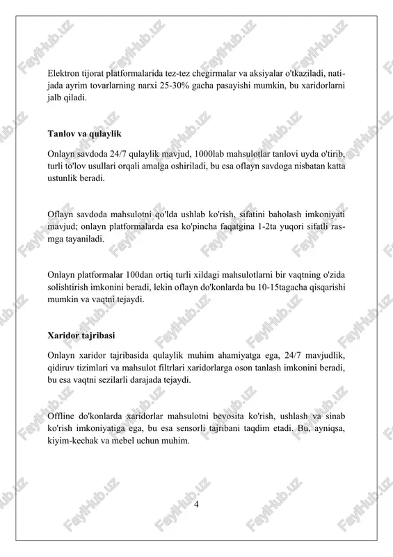 15% ni tashkil etsa, offlayn transport xarajatlari 2-8%ni tashkil qiladi. mijozlar bilan munosabatlar onlayn savdoda mijozlar bilan munosabatlar ko'pincha elektron pochta, chat va ijtimoiy media orqali amalga oshiriladi, bu esa 24/7 aloqani ta'minlaydi, ammo shaxsan muloqot yetishmasligi kuzatiladi. offlayn savdoda shaxsiy muloqot muhim, mijozlar bilan yuzma-yuz gaplashish imkoni bor, bu esa ishonchni oshiradi va mijozlarga moslashtirilgan xizmat ko'rsatish imkoniyatini beradi, masalan, 80% savdo shunday bo'ladi. onlayn savdoda mijozlar haqida ma'lumot yig'ish osonroq, bu esa mijozlar xatti-harakatini tahlil qilish va marketing kampaniyalarini 35% gacha optimallashtirish imkonini beradi, ammo maxfiylik masalalari mavjud. demografik ta'sir onlayn savdo yosh demografiyasiga sezilarli ta'sir ko'rsatadi, 18-34 yoshdagi avlodlar qulaylik va mobil texnologiyalarga tayanib, ko'proq onlayn xaridlarni afzal ko'radi. offline savdo odatda yoshi katta avlodlar, ya'ni 55 yoshdan oshganlar orasida mashhur bo'lib, ular xarid qilish jarayonida shaxsiy aloqa va mahsulotni sezishni qadrlashadi. geografik jihatdan olganda, onlayn savdo qishloq joylarida yashovchi, oflayn do'konlarga cheklangan imkoniyatga ega bo'lganlar uchun …