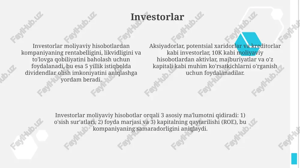 qiladi va kompaniyaning moliyaviy barqarorligini ta'minlaydi. auditorlik xulosasi moliyaviy hisobotlardan foydalanuvchilar uchun muhimdir, chunki u hisobotlar xolis va amaldagi hisob standartlariga muvofiq tuzilganligini ko'rsatadi. tahlilchilar tahlilchilar kompaniyaning kelajakdagi daromadini prognoz qilish uchun o'tmishdagi tendentsiyalarni, sanoat o'zgarishlarini va makroiqtisodiy omillarni hisobga olgan holda moliyaviy ma'lumotlarni tahlil qiladilar. tahlilchilar kompaniyaning moliyaviy natijalarini baholash uchun moliyaviy ko'rsatkichlar, masalan, daromadlilik nisbatlari (roi, roe) va likvidlik nisbatlaridan foydalanadilar. ular investitsiya qarorlarini qabul qilish, aktivlarni baholash va xavfni baholash uchun moliyaviy hisobot ma'lumotlariga, shu jumladan balans va foyda hisobotiga tayanadilar. konsalting kompaniyalari konsalting kompaniyalari moliyaviy hisobotlar asosida xaridorlarga biznesni rivojlantirish strategiyalarini ishlab chiqishda, 5 yillik prognozlar va investitsiya tahlillarini hisobga olgan holda yordam beradi. ular moliyaviy hisobotlarni soliqqa oid masalalarda qo'llashadi, masalan, soliqni optimallashtirish sxemalarini tuzishda va soliq tekshiruvlarida kompaniyalarga yordam berishda muhim rol o'ynaydi. konsalting firmalari aktivlarni baholash, kompaniyalarni birlashtirish (m&a) va sotib olish (akvizitsiya) bo'yicha maslahatlar berishda moliyaviy hisobotlarni tahlil qilib, 10 dan ortiq …