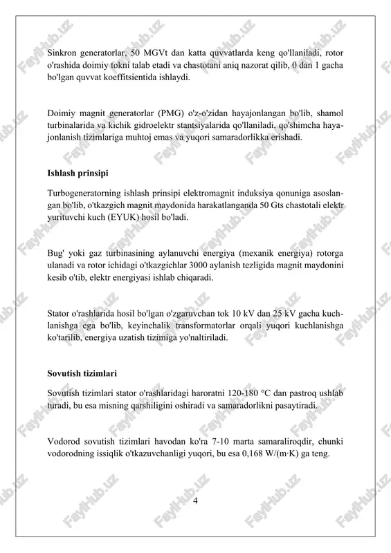 rbogeneratorlar uzoq umr ko'rish davriga ega, odatda 30-50 yilgacha xizmat qiladi, bu esa ularni uzoq muddatli investitsiya sifatida juda foydali qiladi. qo'llanilishi turbogeneratorlar elektr stansiyalarida, masalan, issiqlik elektr stansiyalarida 50 hz yoki 60 hz chastotada elektr energiyasini ishlab chiqarish uchun bug' turbinalari bilan birgalikda keng qo'llaniladi. yirik sanoat korxonalarida turbogeneratorlar, ayniqsa, neftni qayta ishlash zavodlarida va kimyo sanoatida 10 mvt dan 100 mvt gacha bo'lgan elektr energiyasini o'z ehtiyojlari uchun ta'minlash maqsadida ishlatiladi. atom elektr stansiyalarida turbogeneratorlar yadroli reaktorlarda hosil bo'lgan issiqlik energiyasini mexanik energiyaga aylantirib, keyin esa elektr energiyasiga aylantirish uchun ishlatiladi, odatda 1000 mvt dan yuqori quvvatlarda. yangi tendentsiyalar turbogeneratorlarda yuqori o'tkazuvchanlikli materiallar (hts) qo'llanilishi, 300 mvt dan ortiq quvvatga ega mashinalarda samaradorlikni 1-2 foizga oshirishi mumkin, bu esa energiya tejamkorligini oshiradi. raqamli egizak texnologiyalari turbogeneratorlarning ishlashini optimallashtirish uchun joriy etilmoqda, real vaqtda ma'lumotlar tahlili orqali nosozliklarni aniqlash va texnik xizmat ko'rsatishni rejalashtirish imkoniyatini beradi. energiya saqlash tizimlari …