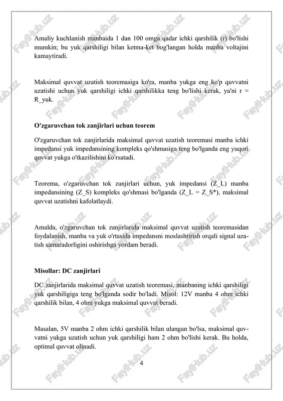 ng zaiflashuvini minimallashtirish orqali quvvatning uzatish liniyasidan yukga (antennga) maksimal darajada samarali uzatilishini ta'minlash uchun foydalaniladi. afzalliklari maksimal quvvat uzatish teoremasi yuk qarshiligini manba qarshiligiga tenglashtirish orqali zanjirga maksimal energiyani 50% samaradorlikda yetkazishga imkon beradi. teorema aloqa tizimlari, radio uzatgichlar va turli elektron qurilmalarda muhim rol o'ynaydi, bunda signal quvvatini yukga maksimal darajada uzatish 20 db darajasida muhim ahamiyatga ega. maksimal quvvat uzatish teoremasi moslashuvchi impedansni ta'minlab, signalning aks etishini kamaytiradi, bu esa 75 ohm kabellarida ish faoliyatini yaxshilaydi. cheklovlari cheklovlar maksimal quvvat uzatish teoremasi uchun muhim, chunki manba ichki qarshiligi yuk qarshiligiga teng bo'lishini talab qiladi, bu esa har doim ham amaliy emas, ayniqsa yuqori quvvatli tizimlarda. teorema 50% samaradorlikka ega, chunki manba ichidagi qarshilikda ham xuddi shuncha quvvat sarflanadi, bu esa amalda ba'zan energiya tejash muhim bo'lganda, masalan, batareya bilan ishlaydigan qurilmalarda nomaqbuldir. cheklovlar yuk qarshiligini moslashtirish orqali maksimal quvvatni olish usulini aniqlaydi, lekin bu har doim ham …