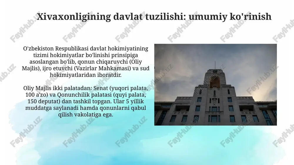 ashlarida ishtirok etib, hokimiyatga ta'sir o'tkazgan, bu 19-asrda keng tarqalgan edi. qabila boshliqlari davlat boshqaruvida soliq yigʻish, jamoat tartibini saqlash va harbiy safarbarlik kabi vazifalarni bajarishda bevosita ishtirok etib, 20-asr boshlarida rol o'ynagan. xivaxonligining davlat boshqaruvida islohotlar davlat boshqaruvida 2022-2026-yillarda “inson qadri uchun” strategiyasi doirasida byurokratik to‘siqlarni kamaytirishga qaratilgan 100 dan ortiq normativ hujjat qabul qilindi. raqamli transformatsiya doirasida “raqamli hukumat”ni rivojlantirish maqsadida 500 dan ortiq davlat xizmatlari elektron shaklga o‘tkazildi, bu esa xarajatlarni 30% ga qisqartirish imkonini berdi. xulosa xulosa davlat boshqaruvining yakuniy bosqichi boʻlib, unda 5-bosqichli tadbirlar natijalarini jamlash va baholash amalga oshiriladi, kelgusiga yo'naltirilgan takliflar ishlab chiqiladi. xulosada byudjet mablag'larining 70 foizi o'zlashtirilganligi aniqlansa, bu moliyaviy nazorat organlari tomonidan qo'shimcha tekshiruvlarga sabab bo'lishi va chora ko'rishga asos bo'ladi. e'tiboringiz uchun rahmat image3.jpg image4.jpg image5.jpg image6.jpg image7.jpg image8.jpg image9.jpg image10.jpg image11.jpg image12.jpg image13.jpg image14.jpg image15.jpg image16.jpg image17.jpg image18.jpg image19.jpg image1.png