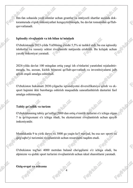 atchilikka qarshi kurashish darajasi 85% dan yuqori. o'zbekiston 1992-yildan beri bmt a'zosi sifatida global xavfsizlik tashabbuslarida faol ishtirok etadi, terrorizmga qarshi kurash va yadroviy tarqalishni oldini olishga qaratilgan. kelajak uchun umidlar va istiqbollar ta'lim sohasida 2030-yilgacha bo'lgan strategiyalar yoshlarga sifatli ta'lim olish imkoniyatini kengaytiradi, bu esa kelajakda yuqori malakali kadrlar bo'lishiga zamin yaratadi. innovatsion texnologiyalarni rivojlantirish, it-parklar sonini oshirish va startap loyihalarni qo'llab-quvvatlash orqali yangi ish o'rinlari yaratilib, iqtisodiy o'sish ta'minlanadi. biznes muhitini yaxshilash, xususiy sektorni rivojlantirish va investorlar uchun qulay sharoitlar yaratish orqali kelajakda farovon jamiyat qurishga umid bog'lanmoqda. o'zbekistonning jahon hamjamiyatidagi o'rni o'zbekiston bmtga 1992-yilda a'zo bo'lib, global muammolarni hal qilishda faol ishtirok etadi, jumladan, barqaror rivojlanish maqsadlariga erishish va terrorizmga qarshi kurash. o'zbekiston «markaziy osiyo — yevropa ittifoqi» kabi mintaqaviy tashkilotlarda muhim rol o'ynaydi va savdo-iqtisodiy aloqalarni rivojlantirish orqali mintaqaviy barqarorlikni ta'minlashga intiladi. o'zbekiston shanxay hamkorlik tashkilotida (shht) a'zo davlat sifatida mintaqaviy xavfsizlik va iqtisodiy hamkorlikni mustahkamlashga, …