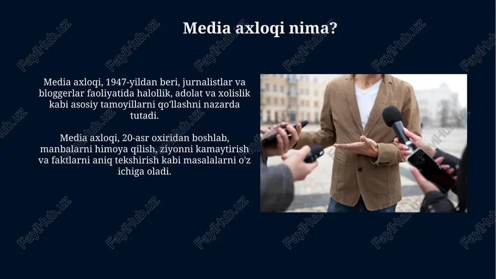 soxta xabarlari fosh etilganda, etik qoidalar buzilishi sababli jamoatchilik ishonchini yo'qotdi. blogerlar reklamadan pul topish maqsadida mahsulotlarni tavsiya qilganda, manfaatlar to'qnashuvi yuzaga keladi. bu holat, agar oshkora aytilmasa, auditoriyani chalg'itishi mumkin. xulosa xulosa jurnalistlar va bloggerlar auditoriyaga taqdim etilayotgan axborotning aniqligi va xolisligini ta'minlash uchun javobgarlikni anglatadi, bu 75% ishonchni mustahkamlashga yordam beradi. axborotni tekshirish va faktlarni tasdiqlash orqali noto'g'ri ma'lumotlarning tarqalishiga yo'l qo'ymaslik jurnalist va bloggerlarning asosiy vazifasidir, bu esa taxminan 90% aniqlikni ta'minlaydi. e'tiboringiz uchun rahmat image6.jpg image7.jpg image8.jpg image9.jpg image10.jpg image11.jpg image12.jpg image13.jpg image14.jpg image15.jpg image16.jpg image17.jpg image18.jpg image19.jpg image20.jpg image21.jpg image4.jpeg