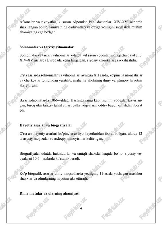 ridan himoya vazifasini bajargan, shu bilan birga siyosiy markaz ham boʻlgan. ibodatxonalar, xususan masjidlar, islom arxitekturasining muhim namunalari hisoblanadi, masalan, kalyan minorasi xii asrda qurilgan boʻlib, diniy va madaniy ahamiyatga ega boʻlgan. meʼmorchilikda pishiq gʻisht va yogʻochdan keng foydalanilgan, gumbazlar va ravoqlar koʻp ishlatilgan, bu uslublar asrlar davomida meʼmoriy anʼanalarni shakllantirgan. xaritalar va geografik maʼlumotlar oʻrta asrlarda xaritalar aniq emas edi, lekin ular muhim savdo yoʻllari va strategik joylarni koʻrsatib, geografik tushunchalarni aks ettirgan. meridianlar va parallellar tizimi hali toʻliq shakllanmagan edi. geografik maʼlumotlar koʻpincha sayohatchilarning yozuvlaridan olingan, masalan, marko poloning sayohatlari 13-asrda osiyo haqida muhim maʼlumotlarni taqdim etgan edi. xaritalarda tasvirlangan masofalar koʻpincha notoʻgʻri boʻlgan, lekin ular diniy eʼtiqodlar va mifologik afsonalar bilan bogʻliq geografik tushunchalarni aks ettirgan, masalan, yerning markazi haqidagi tasavvurlar. pul va iqtisodiy maʼlumotlar oʻrta asrlarda pul tizimi tangalar (kumush dinorlar, mis dirhamlar) qiymatiga asoslangan edi. iqtisodiy maʼlumotlar, xarajatlar va daromadlar qoidalarni belgilashga yordam bergan. savdo …