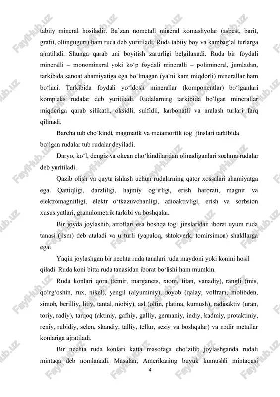 a tanasidan iborat bo‘lishi ham mumkin. ruda konlari qora (temir, marganets, xrom, titan, vanadiy), rangli (mis, qo‘rg‘oshin, rux, nikel), yengil (alyuminiy), noyob (qalay, volfram, molibden, simob, berilliy, litiy, tantal, niobiy), asl (oltin, platina, kumush), radioaktiv (uran, toriy, radiy), tarqoq (aktiniy, gafniy, galliy, germaniy, indiy, kadmiy, protaktiniy, reniy, rubidiy, selen, skandiy, talliy, tellur, seziy va boshqalar) va nodir metallar konlariga ajratiladi. bir nechta ruda konlari katta masofaga cho‘zilib joylashganda rudali mintaqa deb nomlanadi. masalan, amerikaning buyuk kumushli mintaqasi meksikadan peru va boliviyagacha davom etgan, markaziy afrikaning misli mintaqasi zambiya va kongo demokratik respublikasida 450 km masofaga cho‘zilib, 150 dan ortiq mis konlarini qamrab olgan. janubiy amerikaning misli mintaqasi 4 ming km ga cho‘zilib, kolumbiya, ekvador, peru, argentina, chili mamlakatlarida joylashgan ruda konlaridan iborat. geografik va geologik jihatdan alohida ajralib turgan yakka yoki bir necha rudali formatsiyalarga ega bo‘lgan mintaqa rudali rayon deb ataladi (masalan, farg‘ona surma-simob rudali rayoni, angren-olmaliq mis rudali …