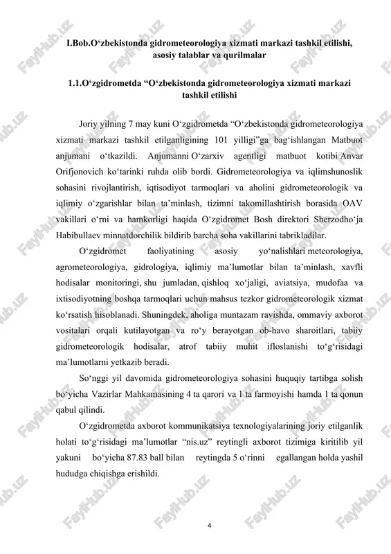 alik 90 foizga, 4-5 sutkalik 88 foizga, shtorm ogohlantirishlar oqlanish darajasi 90 foizga yetkazildi. jahon banki bilan amalga oshirilayotgan loyihalar doirasida 50 ta avtomatik meteostansiyalar, 1 ta mobil ekologik laboratoriya va 1 dona superkompyuter uskunasi, shuningdek, “zamin” xalqaro jamoat fondi hisobidan 2 ta avtomatlashgan atmosfera havosi ifloslanishi monitoringi stansiyalari o‘rnatildi. jizzax va qashqadaryo viloyatlari qishloq xo‘jaligi hududlarida joylashgan 12 ta avtomatik agrometeorologik stansiyalar o‘rnatildi. mazkur stansiyalarda o‘simliklar namligi va zichligi, yog‘in miqdori, tuproq harorati hamda namligini avtomatik usulda har o‘n daqiqada aniqlash yo‘lga qo‘yildi. koreya meteorologiya administratsiyasi va jahon meteorologiya tashkiloti bilan xamkorlikda gidrometeorologik fondda saqlanayotgan qog‘oz shakldagi ma’lumotlarni raqamlashtirish orqali ma’lumotlar elektron bazasini yaratish bo‘yicha loyixa amalga oshirilmoqda. ilgari kuzatuv natijalari har 3 soatda ratsiya orqali uzatilgan bo‘lsa, sohada it-texnologiyalarni takomillashtirish natijasida ma’lumotlar markazga avtomatik tarzda 10 daqiqada gsm/sputnik orqali uzatib borilishi ta’minlandi. modis uskunasi modernizatsiya qilindi natijada kuniga 4 marta respublikaning tog‘ va tog‘oldi hududlarida qor qoplami balandligini …