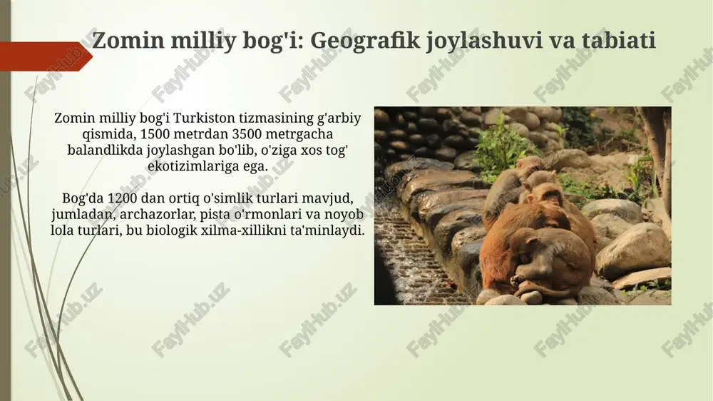a'minlanishi mumkin. ekologik ta'lim va targ'ibot ekologik ta’limda 50 dan ortiq qo‘llanma, risolalar chop etildi, bu esa tabiatni muhofaza qilishda 1000 dan ortiq tadbirlar orqali aholi bilimini oshirishga yordam beradi. ekologik targ‘ibot ishlarida 70% maktablar va 60% mahallalar bilan hamkorlik qilinadi, bu orqali 3000 dan ziyod ekologik tadbirlar o‘tkazilib, yosh avlodning ekologik madaniyati shakllantiriladi. milliy bog'larni boshqarish va rivojlantirish istiqbollari milliy bog'larda ekoturizmni rivojlantirish, 2030 yilgacha ekoturizm daromadini 10 barobarga oshirish, infratuzilmani yaxshilash va mahalliy hamjamiyatlarni jalb qilish orqali barqaror turizmni ta'minlash mumkin. 2024-2028 yillarda davlat-xususiy sheriklik asosida milliy bog'larning 50%ida zamonaviy turistik majmualar yaratish, xizmat ko'rsatish sifatini oshirish va yangi ish o'rinlarini yaratish imkoniyati mavjud. xulosa va takliflar milliy bog’larning bioxilma-xilligini saqlash uchun 15% hududni qo’riqlanadigan zonaga aylantirish va ekoturizmni rivojlantirish maqsadga muvofiq. ugam-chatqol bog’ida suv resurslaridan oqilona foydalanish strategiyasini ishlab chiqish, suv tejovchi texnologiyalarni joriy etish va suv tanqisligini kamaytirish zarur. e'tiboringiz uchun rahmat image2.jpg image3.jpg image4.jpg image5.jpg …