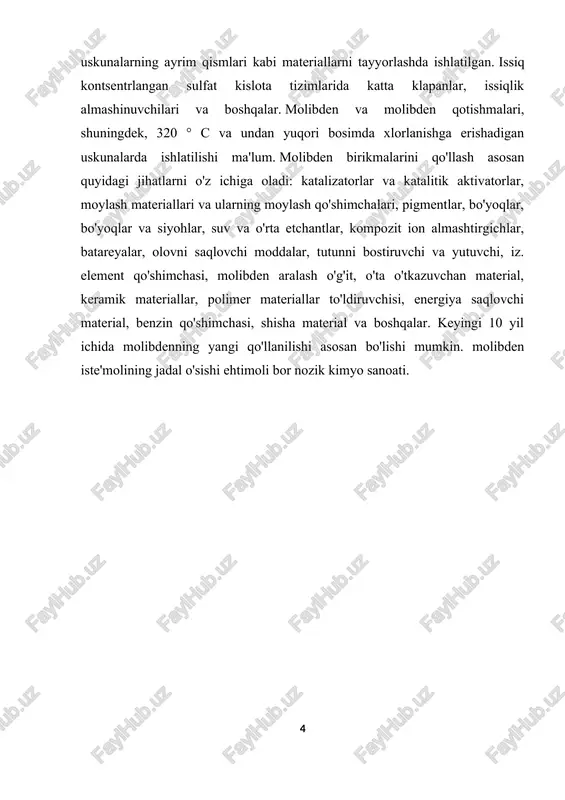 isitish materiallari va qurilish materiallari uchun ko'plab yuqori haroratli elektr o'choqlari, katta elektrodlar va eshiklardagi vakuum trubkasi, molybdenum metals yarimo'tkazgich va elektr nur manbalari materiallari uchun ishlatiladi. molibdenning termal neytronlarni tortib olish va uzoq muddatli quvvatga ega bo'lganligi sababli, yadroviy reaktor qurilish materiallari sifatida ham foydalanish mumkin. molibdenli metall yuqori haroratli elektr o'choqli isitish materiallari va qurilish materiallari, yirik elektrodlar va eshiklar, yarim o'tkazgich va elektr yorug'lik manbai materiallari vakuum trubasi sifatida ishlatiladi. molibden metalllari molibdenning termal neytronlarni tortib olish va uzoq muddatli quvvatga ega bo'lganligi sababli, yadroviy reaktor qurilish materiallari sifatida ham foydalanish mumkin. molibden metallning 135 vatt / (m-ochiq)] termal o'tkazuvchanligi issiqlik zarbasi va issiqlik charchoqlari uchun tabiiy tanlovdir, bu o'ziga xos issiqlik uchun eng mos keladi 0,276 kj / kg / g]. molibden metalllari volfram va tantaldan pastroq bo'lgan 2620 ° c gacha erish nuqtasi bor, lekin zichligi ancha past bo'ladi, shuning uchun uning o'ziga xos kuchi …