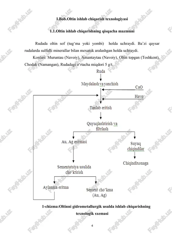 ta’sir ettiriladi va eritmaga havo kislorodi (oksidlovchi) purkaladi. natijada au kimyoviy reaksiyaga kirishib, erib qattiq fazadan eritma fazasiga o‘tadi. bunda eritmaning vodorod ko‘rsatkichi kuchli ishqoriy bo‘lishi kerak (ph=11 – 12). buning uchun eritmaga sianlashdan oldin quyuqlashtirish vaqtida ohak qo‘shiladi va buni “himoyalovchi ishqor” deb ham yuritiladi. bunga sabab neytral va kislotali muhitda zaharli sianid kislotasi hosil bo‘lib bug‘lanishi mumkin. jarayonning kimyoviy reaksiyasi tenglamasi quyidagicha: 4au + 8nacn + o2 + 2h2o = 4na[au(cn)2] + 4naoh tanlab eritishdan so‘ng eritmadagi oltinning miqdori (konsentratsiyasi) 0,2-0,4 mg/l ni tashkil etadi. sianlash jarayoni reaktorlarda olib boriladi. sianlash reaktorlariga misol tariqasida pachuk deb ataluvchi dastgohdan foydalanish mumkin. 10-rasm:sianlash dastgohi: pachuk 5. sorbsiyalash: au tanlab eritilganidan so‘ng hosil bo‘lgan eritmadan oltin saqsagan komplekslar ionalmashuvchi qatronlar (smolalar) bilan eritmadan yig‘ib olinadi. bunda qatronning hajmiga eritmadagi oltin kimyoviy yo‘l bilan yutiladi (xemosorbsiyalanadi). au eritmada anion kompleksi ko‘rinishida bo‘lganligi sababli eritmaga anion almashinuvchi qatronlar ya’ni anionitlar solinadi. sorbsion tanlab …
