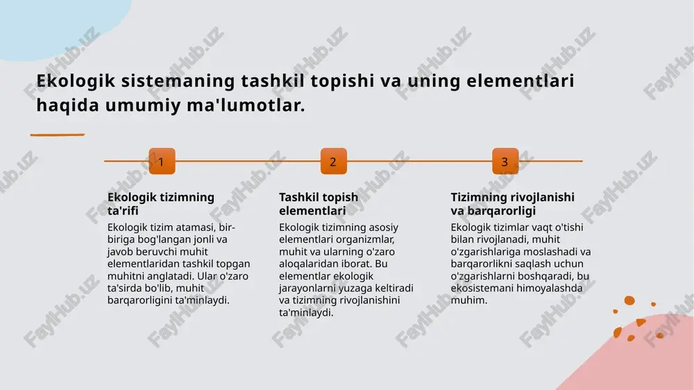 o'simliklar rivojlanadi. 3 tuproq va mineral moddalar - tuproq tarkibi va mineral moddalar mavjudligi o'simliklarning o'sish tezligini va turlarini belgilaydi, qumli tuproqda sukush o'simliklar ustun bo'ladi. 4 yashash muhitining dinamikasi - yashash muhitining o'zgarishi, masalan, suv darajasining o'zgarishi yoki iqlim sharoitlarining keskin o'zgarishi, o'simliklar moslashish mexanizmlarini rivojlantiradi. biogeotsenozlarda oʻzgaruvchanlik va oʻsimlik jamoalarining moslashuv mexanizmlari 1 o'zgaruvchanlik manbalari biogeotsenozlarda o'zgaruvchanlik tabiiy sharoitlar, klimat o'zgarishlari va inson faoliyati natijasida yuzaga keladi, bu esa o'simliklarning moslashuvini talab qiladi. 2 moslashuv mexanizmlari o'simliklar o'zlarining genetik xususiyatlari, o'sish davri va ekologik rangini o'zgartirish orqali muhitdagi o'zgarishlarga moslashadi, masalan, qurg'oqchil joylarda kamroq suv talab qiluvchi turlar rivojlanadi. 3 adaptatsiya jarayoni o'simliklar muhitga moslashib, yangi sharoitlarga mos keladigan xususiyatlar ishlab chiqadi, masalan, qattiq sovuqda qalin barglar yoki ildizlar bilan moslashadi. 4 ekologik barqarorlik o'simlik jamoalari o'zgaruvchan sharoitlarga moslashib, biogeotsenozning barqarorligini ta'minlaydi, bu esa biodiversitet va ekosistemani muhofaza qilish uchun muhimdir. xulosa ekologik sistemlarning asosiy roli va muhimligi …