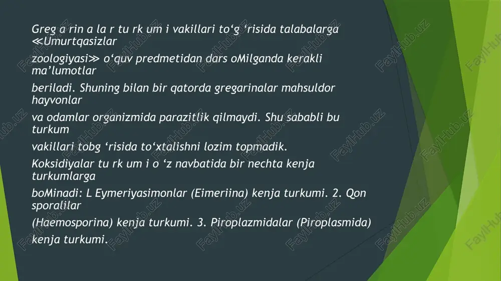 1 mln. dan ortiqrog‘i 4-5 yoshgacha bomgan bolalarga to‘g ‘ri keladi. hozirgi vaqtda anofeles avlodiga kiradigan chivinlaming 400 dan ortiq turlari mavjud bo‘lib, shulardan 25-30 ta turi bezgak kasalligi qo‘zg‘atuvchilarini tashuvchilari hisoblanadi. image1.jpg image2.jpg image3.jpg image4.jpg image5.jpg image6.jpg image7.jpg image8.jpg image9.jpg /docprops/thumbnail.jpeg