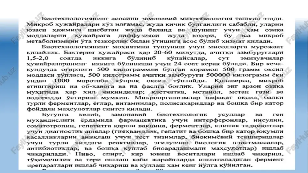 mikroorganizmlar asosida tayyorlangan bo’lib, mamlakatimiz qishloq xo’jaligida keng qo’llanilmoqda. bundan tashqari q.d.davranov rahbarligida sellyulozalignin biokarkasini (g’o’zapoya, samon, kanop poyasi, qipiq va boshqalar, maxsus tayyorlangan bazidiomisetlarning fermentlari ishtirokda tabiiy sellyulozalignin birikmalari parchalanishini amaliyotda ko’rsatib berildi b.f.d. j.tashpulatov, somon va g’o’zapoyani parchalashda "trixoderma xarzianum" deb atallish zamburug’ fermentlaridan foydalanish mumkinligini ilmiy asoslab berdi va bu texnologiyani amaliyotga qo’llash taklif va muloxazalarini chop etdi. j.tashpulatov yaratgan bu texnologiya qo’llanilganda somonda shakar miqdori 6-7%ga etgani, unda vitaminlar, aminokislotalar paydo bo’lganligi va shu tufayli somonni oziqa-birligi bir necha barobar oshganligi isbotlab berilgan. o’zbek olimlaridan t.g.gulomova, z.r.axmedova, s.m.xodjiboeva, z.f.ismoilov, i.j.jumaniyozov va boshqalar mamlakatimizda mikrob biotexnologiyasining rivojlantirish ustida chuqur ilmiy va amalliy ishlar olib bormoqdalar. shuningdek, marhum professorlar m.m.murodov va t.yu.yusupovlar olib borgan chuqur ilmiy izlanishlar asosida katta ilmiy amaliy nazariyalar yaratilgan. yuqorida fikr etilgan uch zavodda (andijon gidroliz zavodi, qo’qon spirt zavodi, yangiyo’l biokimyo zavodlarida) spirt olish uchun zarur bo’lgan amilaza fermentini ishlab chiqarish bo’yicha chuqur …