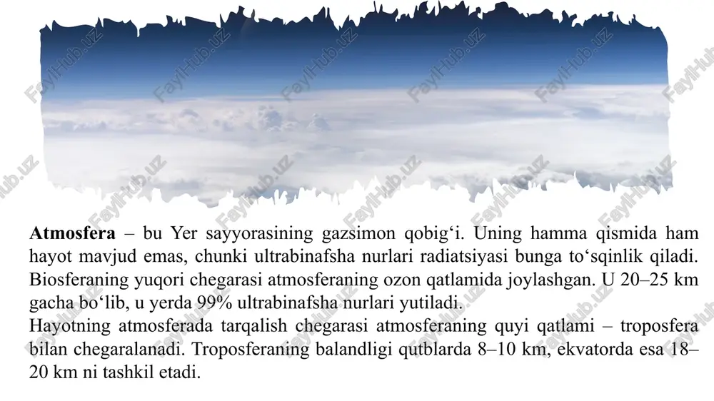 ta’sir etadi. mikroorganizmlarning ayrim gruppalari anaerob sharoitga moslashgan, lekin ko‘pchiligi aerob bo‘lib, ixtiyorida nafas olish uchun ma’lum miqdorda kislorod bo‘lishi kerak. yuqori o‘simliklardan suvda o‘sadiganlar (gidrofitlar) suvga boy bo‘lgan subakval tuproklarda o‘sishga moslashgan (shunday tuproqda ildiz otadi), bu tuproqlarda kislorod kam bo‘ladi. nam joylarda o‘sadigan boshqa tur o‘simliklar, shuningdek, ko‘pchilik mezofitlar bilan kserofitlar baribir ma’lum miqdorda kislorod bo‘lgan substratlarda o‘sishga moslashgan bo‘ladi. image2.jpg image3.jpeg image4.jpeg image5.png media1.mp4 image6.png image7.emf image8.emf image9.jpeg image1.png /docprops/thumbnail.jpeg