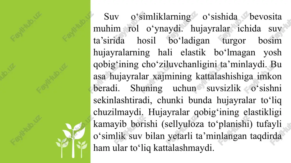 iy xossalariga ko‘ra, bu xildagi suv molekulalari tuproqniig dispers zarrachalari sirtiga sorbsiyalanib, parda (plyonka) hosil kiladi. fizik bog‘langan suv mustaqkam borg‘langan (gidroskopik) va bo‘sh bog‘langan (parda) suvga bo‘linadi. birinchi xildagi suv tuproq zarrachalari yuzasida mustaqkam saqlanib qoladi va o‘simliklar uchun foydasiz hisoblanadi. ikkinchi xildagi suv kichik tezlikda harakatlanadi. shuning uchun o‘simliklarning undan foydalanishi cheklangan bo‘ladi. o‘simliklar ildizining so‘ruvchi kuchi ulardai foydalanishga imkon beradi, lekin parda suv zapasi suvni so‘rib oladigai ildiz tomon harakat qilish hisobiga tiklanishiga ko‘ra tezroq sarflanadi. 4.kapillyar suv tuproq g‘ovaklarida kapillyar-menisk kuchi ta’sirida ushlanib turadi, kapillyar oraliqlar qancha tor bo‘lsa, kapillyar-menisk kuchi shuncha yuqori bo‘ladi. tuproqning kapillyarlar orqali suvni yuqoriga ko‘tarib berish xossasi uning suv ko‘tarib berish qobiliyati deb ataladi. kapillyar suv harakatchan bo‘ladi, uning joydan-joyga kuchib yurishi o‘simliklar jadal iste’mol qilishida sarflanadigan suv zapaslarining o‘rni to‘lishini ta’minlaydi. u oson eritadi va unda erigan organik hamda mineral moddalar o‘simlik organlari bo‘ylab harakatlanadi. kapillyar suvning bug‘lanishi yerlar sho‘rlanishida …