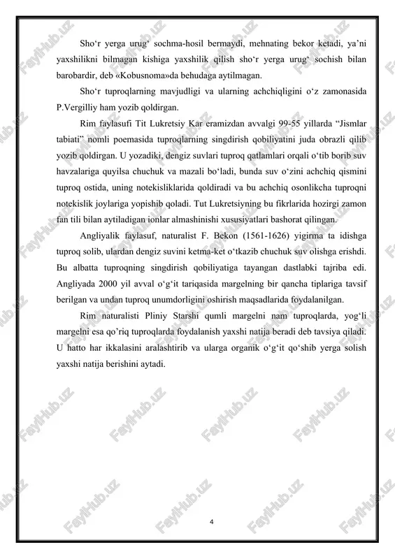 alar (1-0,2µ) ham ajratiladi. kolloidlar xossasiga ega bo'lgan barcha zarrachalar yig'indisiga tuproqning kolloid kompleksi yoki k.k.gedroys bo'yicha tuproqning singdirish kompleksi (tsk) deyiladi. tuproqning singdirish kompleksi jumladan kolloidlar tuproqda kechadigan moddalarning singdirishi va almashinishi kabi jarayonlarida bevosita ishtirok etadi. tuproqning turli qattiq, suyuq va gazsimon moddalarni o'zida singdirishi yoki kolloidlar yuzasida ular konsentrasiyasini oshirish xossasiga tuproqning singdirish qobiliyati deyiladi. tuproqning eritmadan ba'zi moddalarni o'zida singdirib qolish qobiliyati uzoq o'tmishdan ma'lum. yunon olimi aristotel (eramizgacha 384-322 u) va xvi asrda bekon berberi sho'r suvni tuproq qatlamlari orqali o'tkazib, chuchuk suv olish tajribalarini o'tkazadi. angliyalik olimlar tompson va spens 1845 yilda dastlabki laboratoriya tadqiqotlarida tuproqda almashinish qobiliyatiga ega bo'lgan asoslar borligi ko'rsatib o'tildi. angliyalik olim d.t.uey tuproq eritmadagi birikmalarni tuz holida emas, balki tuzlarning asoslarinigina singdiradi, tuproq bilan eritma orasidagi almashinish reaksiyasi juda tez-darhol va ekvivalent miqdorida bo'ladi. agar eritmada erkin holdagi ishqorlar (naoh, kon kabi) bo'lsa, ular tuproqda to'liq singdiriladi (adsorbilanadi) degan …