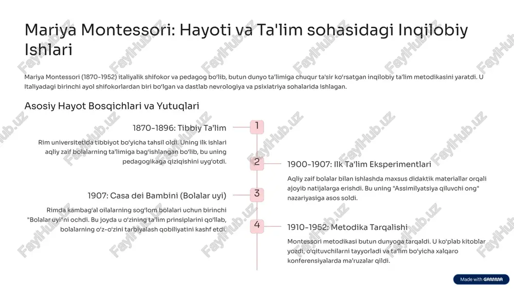otlari fan (o‘simlikshunoslik, gidrodinamika) tamoyillariga bevosita bog‘lanadi. san’at va texnologiya montessori geometrik shakllar yordamida naqshlar yaratish san’at (dizayn, kompozitsiya) va texnologiya (3d-modellashga tayyorgarlik) bilan integratsiyalashadi. 6 steam asosida maktabgacha yoshdagi bolalarni kasbga yo‘naltirish maktabgacha yoshda kasbga yo‘naltirish, bu bolaga aniq bir kasbni tanlashni majburlash emas, balki ularning qiziqishlari, iste’dodlari va kelajakdagi kasblar uchun muhim bo‘lgan universal ko‘nikmalarni rivojlantirishdir. steam bu jarayonda asosiy vosita bo‘lib xizmat qiladi. fan tadqiqot va tahlil texnologiya raqamli savodxonlik muhandislik muammo yechish va dizayn san'at ijod va muloqot kasbiy qiziqishlarni shakllantirish fan (s): tabiatni o‘rganish orqali olim, ekolog, shifokor kabi kasblarga qiziqish uyg‘otish. masalan, laboratoriya burchaklarida tajribalar o‘tkazish. texnologiya (t): sodda robotlar, dasturlash o‘yinlari orqali dasturchi, muhandis kasblariga tayyorgarlik. muhandislik (e): qurilish materiallari, konstruktorlar bilan ishlash orqali arxitektor, quruvchi, dizayner kasblarining asosini yaratish. san’at (a): loy, bo‘yoq, musiqa orqali rassom, haykaltarosh, musiqa o‘qituvchisi kabi ijodiy kasblarni tanitish. matematika (m): saralash, o‘lchash orqali iqtisodchi, hisobchi, tadqiqotchi kabi …