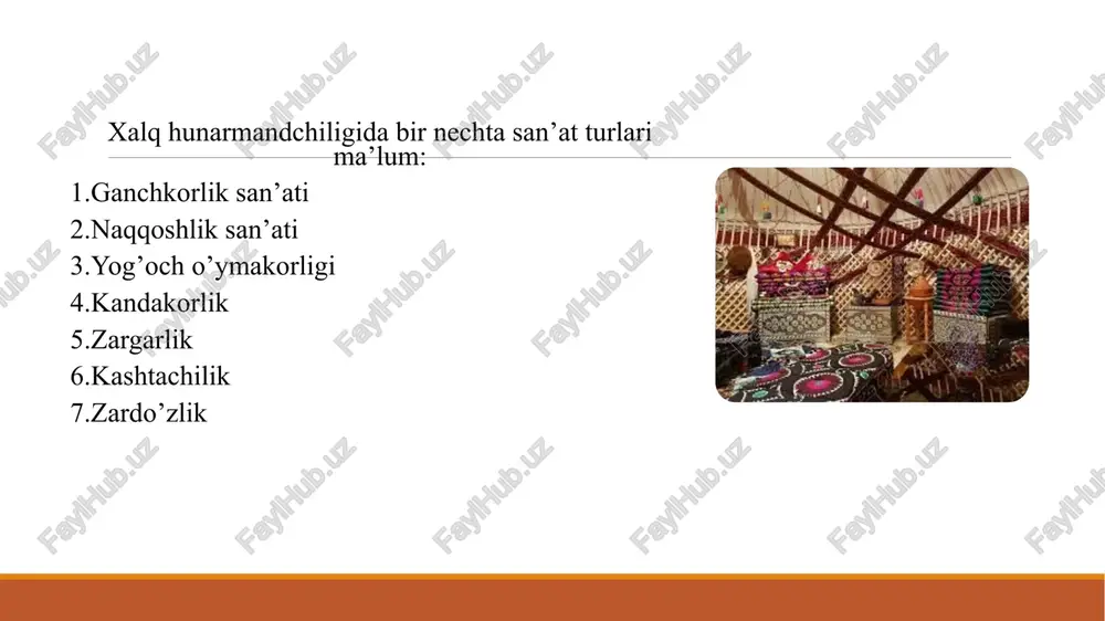 eng qad. nusxalari saqlanmagan. kashtadoʻzlik rivojlangan xalqlarda unga tasviriy sanʼatning taʼsiri katta boʻlgan. 11-asrga oid ingliz kashtalarida jang lavhalari aks ettirilgan. 7.zardo’zlik zardo’zlik — bezak san’ati turi; amaliy san’atning zar (tilla va kumush suvi yuritilgan) ip, nozik sim, ipak bilan kashta tikib bezak yaratadigan sohasi. to’rtburchak chambarakka (korcho’pga) o’rnatilgan baxmal, shoyi, movut, charm va boshqa matolarga zardo’zi usulida kashta (gul, naqsh, tasvir) tikiladi. kashtada ba’zan metall, tosh, shisha munchoklar ham ishlatiladi, turli matolar (baxmal, shoyi va boshqalar) dan quroq qilinadi. oldindan tayyorlangan (rassomlar tomonidan yaratilgan mujassamot nusxasi kuchirilgan) axta qog’ozlardan keng foydalaniladi. matoga mustahkamlangan (tikilgan yoki yopishtirilgan) axta qog’oz zar ip bilan bir tomon – lama qoplab tikiladi (mustahkamlovchi chok uchun zar ipga mos rangdagi ipdan foydalaniladi), natijada naqshgul yuzasi zar iplar bilan qoplanadi, matoning teskarisida naqshgul shakligina hosil bo’ladi. zardo’zlar bezak yaratishda bir necha usulni qo’llaydilar: zardo’zi zamindo’zi va zardo’zi guldo’zi, shuningdek, birishimdo’zi (ipak ishlatilganda), pulakdo’zi (tugmasimon metall yaproqchalar …