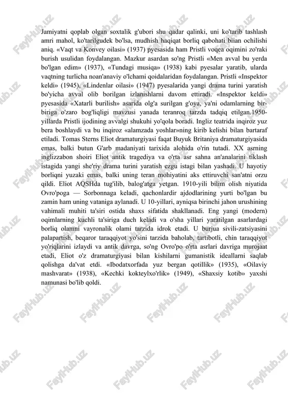 namunasidir. she'r boshqa g'arb va sharq asarlariga (shu jumladan buddist upanishadlariga (hind diniyfalsafiy risolasi; proza va sheʼr bilan yozilgan) hos bo’lgan havolalar bilan to'ldirilgan, buni faqat filolog tushuna oladi. april is the cruellest month, breeding lilacs out of the dead land, mixing memory and desire, stirring dull roots with spring rain. drama (qadimgi yunoncha: drama – “harakat”) 1) badiiy adabiyotning 3 asosiy turidan biri (epos, lirika bilan bir qatorda). drama teatrga ham taalluqli. syujetlilik, harakatlarning ziddiyatga asoslanishi va ularning sahna, epizodlarga boʻlinishi, bayonning yoʻqligi, personajlar munosabatlarining oʻzaro soʻzlashuvga asoslanishi dramaning oʻziga xos xususiyatidir. ijtimoiy (konkret tarixiy va umuminsoniy) muammolarni aks ettiruvchi dramatik ziddiyatlar qaxramonlarning xatti-harakatlarida, avvalo dialog va monologlarda ifodalanadi. drama matni koʻrishga (imo-ishora, harakat), shuningdek, eshitishga moʻljallanadi; u sahnaviy makon, zamon va teatr texnikasi (mizanssenalar qurilishi) imkoniyatlariga ham muvofiq keladi. drama adabiy asar sifatida aktyor, rejissyor tomonidan sahnada oʻz talqinini topadi. drama tufayli teatr sanʼati yuzaga kelgan va u …
