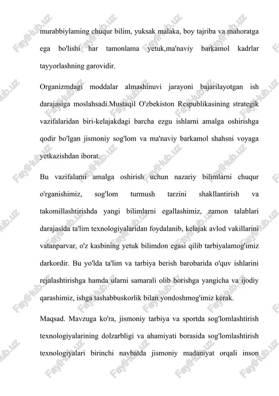 m olish tufayli charchoqni kamaytirish; - jsst tavsiyalari asosida sog'lomlashtirish sinflarida optimal o'quv yuklarini individualizatsiya qilish; - yomon axloqlarga qarshi kurashda mashqdan foydalanish; - turli yoshdagi, jinsiy va sog'liqni saqlash ahvoli, shu jumladan, nogiron kishilarning faol jismoniy tarbiya va sog'lik sinflariga jalb qilinishi; - sog'lom turmush tarzining ajralmas qismi sifatida sog'liqni saqlash texnologiyalarini joriy etish; - professional ahamiyatga ega bo'lgan ish faoliyatini rivojlantirish. sog'lomlashtirish texnologiyalarining tarkibiy qismlariga muvofiq, inson faoliyati natijasida va mavzu qiymatlari majmui sifatida insonning faoliyat turi sifatida qaralishi mumkin. sog'lomlashtirish texnologiyalari bir turdagi faoliyat sifatida qulay organizatsiya harakatlarini, shuningdek, sog'lom turmush tarziga rioya qilish bilan bog'liq faoliyatni tavsiflaydi. shu bilan birga sog'lomlashtirish texnologiyalarining bir xil faoliyat turi sifatida sog'lomlashtirish samaradorligini shakllantirish modeli belgilanadi. sog'lomlashtirish texnologiyalarini qo'llashdagi faoliyat, birinchi navbatda, salomatlikning eng katta ta'siriga erishishga qaratilgan. sog'lomlashtirish texnologiyalari ob'ektiv qiymatlar sifatida jismoniy va rekreatsion faoliyatning zarur samaradorligini ta'minlash uchun yaratilgan moddiy va ma'naviy qadriyatlardir. bu borada sog'lomlashtirish texnologiyalarining …