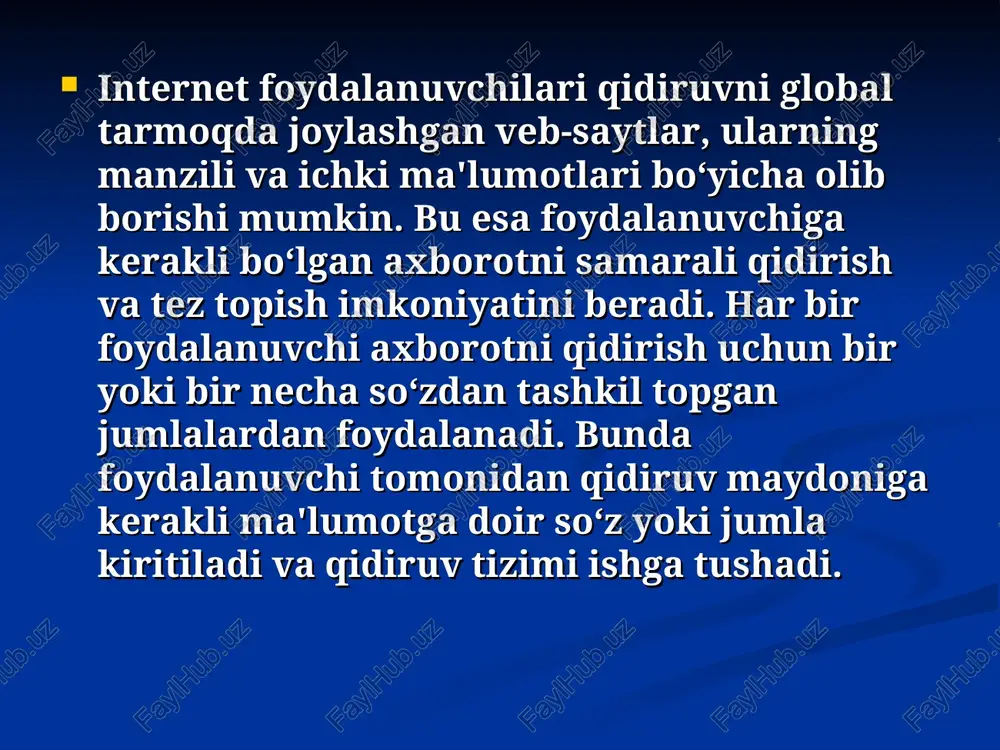 u hujjatlar nusxalarini iste'molchi kompyuteriga yuklashdir. internet explorer internet explorer bizga internetdan foydalanishda eng katta yordam beradigan brauzerlardan hisoblanadi. bu brauzer yordamida biz hohlagan saytimizga kirib uni ko’chirib, tomosha qilib va o’zgartirishimiz mumkin. biz endi internet explorer brauzeri bilan tanishsak. avvalo brauzerga kiramiz uni quydagi rasmda belgilab qo’yilgan znachokdan kiriladi. "internet" tushunchasi 1994 yildan boshlab, internetda web texnologiyalari muvaffaqiyatli sinovlardan o‘tib zo‘r e'tibor qozongandan so‘ng paydo bo‘ldi. zero internetni web texnologiyasisiz tasavvur qilib bo‘lmaydi. internet texnologiyasining asosida web texnologiyasining asosiy tarkibiy qismlari- html, http va brouzer hamda internetning asosiy protokoli tcp/ip yotadi. internet an'anaviy kompyuter tarmoqlaridan farqli qator sifatlarga ega. bular: boshqaruv va yuridik shaxs faoliyati yo‘nalishlarini avtomatlashtirishda internet texnologiyasi o‘zida odatda bir-biriga zid bo‘lgan markazlashtirish * internet o’z-o’zini shakllantiruvchi va boshqaruvchi murakkab tizim bolib asosan 3 ta tarkibiy qismdan tashkil topgan: texnik programmaviy informatsion internetning texnik tarkibiy qismi xar xil turlardagi va tipdagi kompyuterlar, aloqa kanallari va tarmoq texnik …