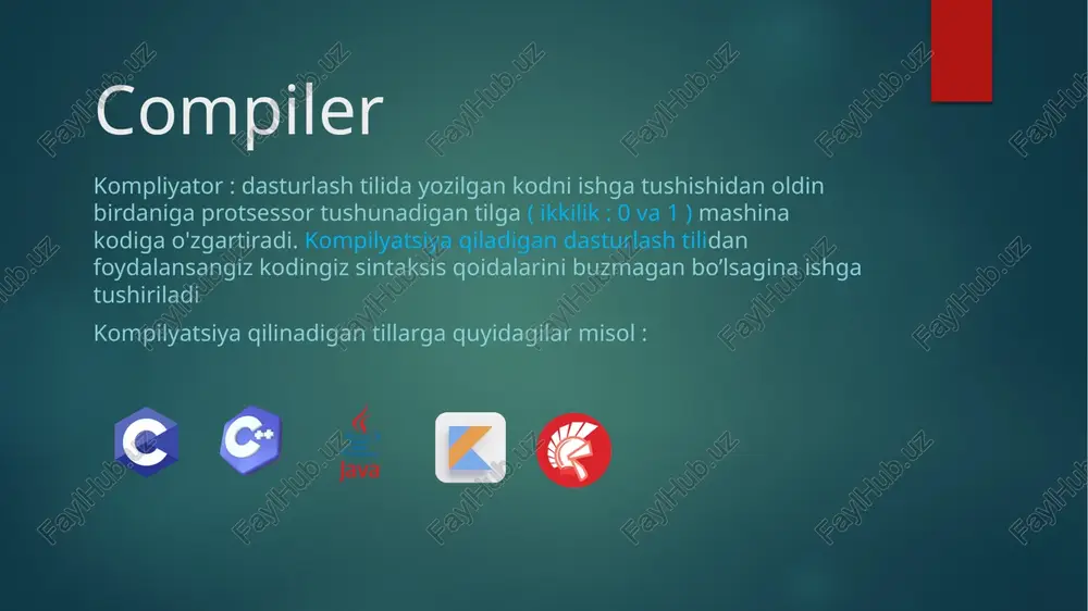 tok bor yoki yo’q ligi bilan bo’ladi yani qaysidir tranzistorga to’k keladi qaysidir biriga yo’q protsessor buyruqni shunga ko’ra 0 yoki 1 deb taniydi va bajaradi shuning uchun ham dasturlash tilida yozilgan kodlar mashina kodiga o’girilib keyin protsessorga jo’natiladi. xulosa dasturlash tillarining vazifasi o’zi tushunadigan kodni mashina kodiga aylantirib berish bu 2 xil bo’ladi. mashina tilining vazifasi o’ziga kelgan kodni ikkilik yani protsessor o’qiydigan kodga aylantirib unga yuborish protsessorning vazifasi kelgan kodni buyruq sifatida qabul qilib kerakli natijani yana ikkilikda qaytarish. image6.png image7.png image8.png image9.png image10.png image11.png image12.png image13.png image14.png image15.png image16.png image17.png image18.png image19.png image20.png image21.png image22.png image23.png image24.png image25.png image26.png image27.png image28.png image29.png image30.png image31.png image32.png image33.png image34.jpg image35.png image36.png image2.png image3.png image4.png image5.png /docprops/thumbnail.jpeg