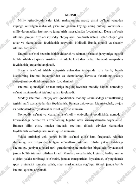 ib chiqaradigan iste’mol sarflaridagi har qanday yetishmaslikni to’ldiradi. uchinchidan, korxonalar ham o’zining barcha mahsulotini pirovard iste’molchilarga sotishni ko’zda tutmaydi, balki uning bir qismidan o’z ishlab chiqarishida foydalanishi mumkin. shunday qilib, agar tadbirkorlar aholining jamg’armalariga teng miqdordagi mablag’larni investitsiyalarga qo’yishni ko’zda tutsa, ishlab chiqarish darajasi doimiy bo’lib qoladi. iste’mol va jamg’arma darajasini aniqlab beruvchi asosiy omil milliy daromadning hajmi va uning o’zgarishi hisoblanadi. uning yalpi ichki mahsulotdan amortizatsiya ajratmalari hamda biznesga egri soliqlarni chegirib tashlash orqali aniqlanishi 14-bobda aytilgan edi. lekin milliy daromad tarkibida to’g’ri soliqlar ham mavjud bo’ladi. shu sababli soliqlar to’langandan keyin aholi qo’lida qoladigan daromad iste’mol sarflari va shaxsiy jamg’arma yig’indisiga teng bo’ladi. shaxsiy iste’mol va shaxsiy jamg’armaning darajasi bevosita soliqlar to’langandan keyingi qolgan daromad bilan aniqlanadi. bu daromadni biz tahlil chog’ida ixtiyoridagi yoki sof daromad deb ataymiz. demak bu daromad iste’molning ham, jamg’armaning ham umumiy omili hisoblanadi. chunki jamg’arma daromadning iste’mol qilinmaydigan qismi hisoblansa, soliqlar to’langandan keyingi …