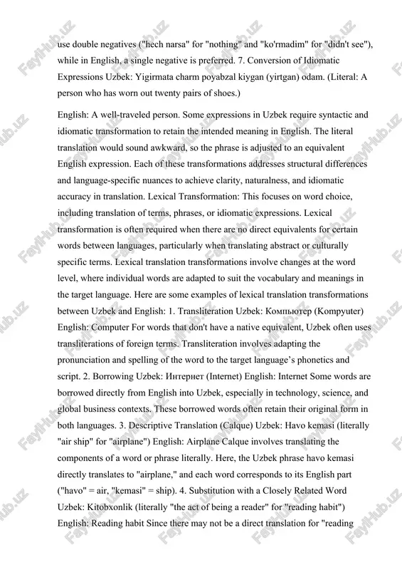 ransformations involve changes at the word level, where individual words are adapted to suit the vocabulary and meanings in the target language. here are some examples of lexical translation transformations between uzbek and english: 1. transliteration uzbek: kompyuter (kompyuter) english: computer for words that don't have a native equivalent, uzbek often uses transliterations of foreign terms. transliteration involves adapting the pronunciation and spelling of the word to the target language’s phonetics and script. 2. borrowing uzbek: internet (internet) english: internet some words are borrowed directly from english into uzbek, especially in technology, science, and global business contexts. these borrowed words often retain their original form in both languages. 3. descriptive translation (calque) uzbek: havo kemasi (literally "air ship" for "airplane") english: airplane calque involves translating the components of a word or phrase literally. here, the uzbek phrase havo kemasi directly translates to "airplane," and each word corresponds to its english …