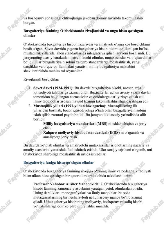 sobi jadal rivojlandi. xalqaro savdoning kuchayishi global standartlarni ishlab chiqishga turtki boʻldi. natijada xalqaro moliyaviy hisobot standartlari (ifrs) va umumiy qabul qilingan buxgalteriya hisobi tamoyillari (gaap) kabi global tizimlar vujudga keldi. bugungi kunda esa axborot texnologiyalari buxgalteriya hisobini tubdan oʻzgartirib yubordi. kompyuter dasturlari, bulutli texnologiyalar va sunʼiy intellekt buxgalteriya jarayonlarini avtomatlashtirib, hisobotlarning aniqligi va tezligini oshirdi. hozirgi buxgalter nafaqat raqamlarni qayd etuvchi, balki korxonaning strategik qarorlarini qabul qilishda yordam beruvchi moliyaviy tahlilchi hisoblanadi. xulosa qilib aytganda, buxgalteriya hisobi, avvalboshda oddiy qaydlar tizimiboʻlgan boʻlsa, bugungi kunga kelib murakkab iqtisodiy jarayonlarni aks ettiruvchi, turli soha mutaxassislari uchun muhim axborot manbaiga aylangan ilmiy asoslangan tizimdir. uning rivojlanishi insoniyatning savdo-sotiq, iqtisodiyot va boshqaruv sohasidagi ehtiyojlariga javoban doimiy ravishda takomillashib borgan. buxgalteriya fanining oʻzbekistonda rivojlanishi va unga hissa qoʻshgan olimlar oʻzbekistonda buxgalteriya hisobi nazariyasi va amaliyoti oʻziga xos bosqichlarni bosib oʻtgan. sovet davrida yagona buxgalteriya hisobi tizimi qoʻllanilgan boʻlsa, mustaqillik yillarida jahon standartlariga integratsiya qilish …