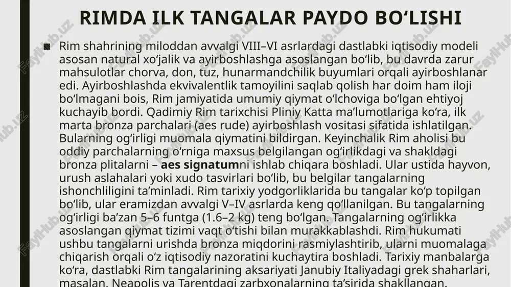 atini ifodalovchi boshqa belgilar joylashtirilgan.​ bozor qiymati: denarius: miloddan avvalgi i asrda bir denarius rim legionerining kunlik ish haqiga teng bo‘lgan. bu tanga bilan bozorda quyidagilarni sotib olish mumkin edi:​ 1 modius (taxminan 8,75 litr) bug‘doy.​ bir juft sandallar.​ oddiy tunika (kiyim). neron tangasi tavsif: imperator neron davrida zarb qilingan aureus oltin tangasi yuqori qiymatga ega bo‘lgan. tanganing old tomonida neronning portreti tasvirlangan bo‘lib, u ko‘pincha boshida gulchambar yoki nimb bilan ifodalangan. orqa tomonida esa turli xil ramziy tasvirlar, masalan, neronning san'atga bo‘lgan qiziqishini aks ettiruvchi liralar yoki g‘alaba ma'budasi tasvirlari joylashgan.​ bozor qiymati: aureus: neron davrida bir aureus taxminan 25 denariusga teng bo‘lgan. bu tanga bilan quyidagilarni sotib olish mumkin edi:​ 25 modius bug‘doy (taxminan 218,75 litr).​ yuqori sifatli to‘qimachilik mahsulotlari yoki hashamatli buyumlar.​ qimmatbaho hayvonlar, masalan, yaxshi zotli ot. thank you peyton davis 424.555.0124 | peyton@proseware.com www.proseware.com image1.png image2.png image3.png