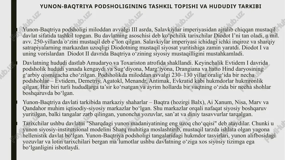 kratid i yunon-baqtriya tarixidagi eng kuchli podsholardan biri bo‘lgan.u podsholik chegaralarini kengaytirgan va mustaqil tangalar zarb qilish orqali siyosiy mavqeini mustahkamlab borgan. tangalar asosida o‘zbekiston hududida yunon-baqtriya ta’sirini aniqlash yunon-baqtriya davlatining iqtisodiy tizimi va tangalarining o‘zbekiston hududiga tarqalishi, tarixiy va madaniy aloqalarni o‘rganishda muhim ahamiyatga ega. baqtriya, o‘zining iqtisodiy faoliyatida, eng avvalo, ipak yo‘li orqali savdo aloqalarini kuchaytirgan. bu yo‘l orqali baqtriya podshohligi nafaqat o‘rta osiyo, balki hindiston, eron, xitoy va rim bilan ham aloqalar o‘rnatgan. o‘zbekistonning janubiy va sharqiy hududlari baqtriya podshohligining tanga tizimining tarqalishi uchun markaziy joylardan biri bo‘lgan. o‘zbekiston hududida yunon-baqtriya tangalarining tarqalishini, eng avvalo, balkh, merv, marakanda (hozirgi samarqand) va buxoro kabi yirik shaharlar orqali kuzatish mumkin. bu shaharlarda baqtriya hukmdorlarining tangalari ko‘p uchraydi. masalan, demetriy i davrida chiqarilgan oltin tangalar, samarqand va buxoro kabi shaharlarda topilgan. bu shaharlar, o‘sha davrda baqtriya podshohligining iqtisodiy va siyosiy ta’sir doirasiga kirgan, va baqtriya tangalarining o‘zbekistonga kirib kelishining asosiy …