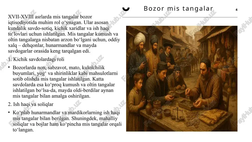 zayni: tangada odatda sultonning nomi, uning unvonlari va hijriy sana yozilgan. ayrim mangir tangalarida diniy shiorlar yoki qur’ondan oyatlar ham tushirilgan. ba’zi tangalarda harbiy yoki davlat ramzlari mavjud bo‘lgan. hukmdorlar: har bir sulton o‘z hukmronligi davrida mangir tangalarini chiqarib turgan. usmoniy mangir tangasi boburiylar davrida paisa tanga 9 boburiylar imperiyasi (1526–1858) hindiston yarim orolida hukmronlik qilgan yirik musulmon sulolalaridan biri bo‘lib, ularning pul tizimi ham rivojlangan edi. paisa ushbu imperiyaning muhim mis tangasi bo‘lib, kundalik savdo va muomalada keng ishlatilgan. boburiylar imperiyasida pul tizimi aniq va tartibli bo‘lib, paisa mayda mis tanga sifatida muomalada bo‘lgan. u yirik tangalar bilan bog‘liq bo‘lib, quyidagi nisbatda ishlatilgan: 1 rupiya = 40 paisa yoki 64 dam 1 paisa = 2 dam paisalar asosan mis yoki bronza qotishmalaridan tayyorlangan va xalq orasida asosiy hisob-kitob vositasi bo‘lgan. mamlakat/imperiya tanga nomi hukmdorlar xususiyatlari muomaladagi roli boburiylar (hindiston) paisa shoh jahon, avrangzeb, muhammad shoh qur’on oyatlari, hukmdor ismi …