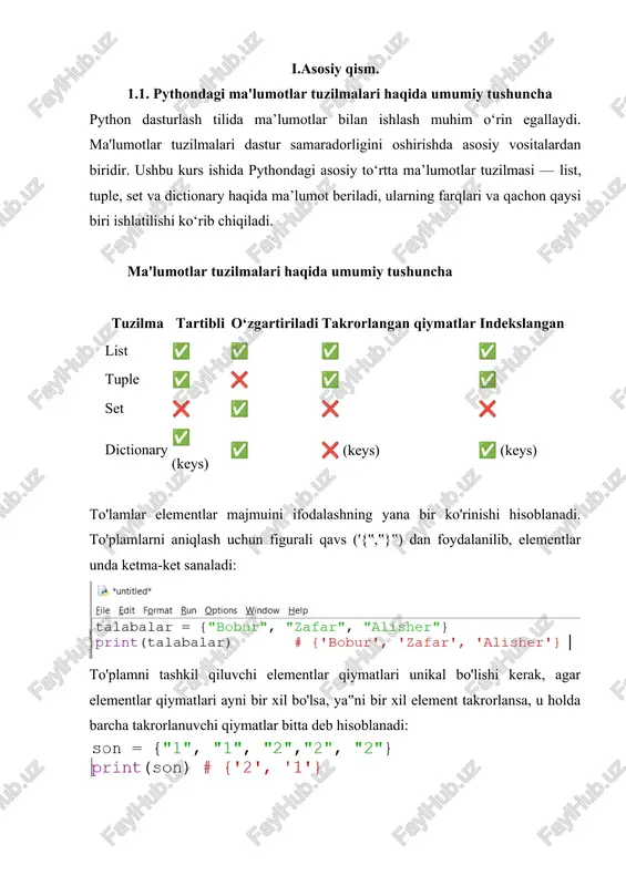 ismlar = {"anvar", "abbos", "abror"} for ism in ismlar: print(ism) bu yerda to'plamni har bir elementi ism o'zgaruvchisiga ketma-ket yuklanadi va keyingi hisoblashlarda ishlatilishi mumkin. to’plamlar ustuda amallar. to'plamlar ustuda turli xil: copy() metodi biror bir to'plamdan nusxa olish uchun ishlatiladi, masalan: ismlar = {"anvar", "abbos", "abror"} ismlar2 = ismlar.copy() print(ismlar) # {'abbos', 'anvar', 'abror'} print(ismlar2) # {'abbos', 'anvar', 'abror'} famil = {"axmedov", "niyazov"} ism = {"sardor", "tohir"} fio = famil. union() metodi ikkita to'plamni birlashtiradi va qiymat sifatida yangi to'plamni qaytaradi: nion(ism) print(fio) # {'axmedov', 'tohir', 'sardor', 'niyazov'} intersection() metodi ikkita to'plamni kesishmasini olish uchun ishlatib, qiymat sifatida yangi to'plam qaytaradi. ya`ni ikkita to'plam uchun umumiy bo'lgan elementlarni olish uchun intersection() metodi qo'llaniladi: 68 1 2 3 4 famil = {"axmad", "sardor", "ikrom"} ism = {"sardor", "tohir","ikrom"} ism2 = famil.intersection(ism) print(ism2) # {'sardor', 'ikrom'} intersection() metodi o'rniga unga ekvivalent bo'lgan & (mantiqiy ko'paytirish) amalini ham qo'llash mumkin: famil = …