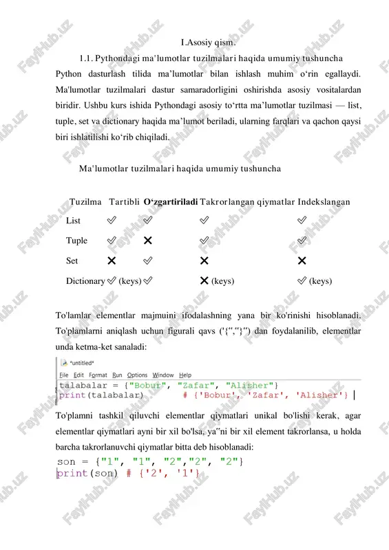 ismlar = {"anvar", "abbos", "abror"} for ism in ismlar: print(ism) bu yerda to'plamni har bir elementi ism o'zgaruvchisiga ketma-ket yuklanadi va keyingi hisoblashlarda ishlatilishi mumkin. to’plamlar ustuda amallar. to'plamlar ustuda turli xil: copy() metodi biror bir to'plamdan nusxa olish uchun ishlatiladi, masalan: ismlar = {"anvar", "abbos", "abror"} ismlar2 = ismlar.copy() print(ismlar) # {'abbos', 'anvar', 'abror'} print(ismlar2) # {'abbos', 'anvar', 'abror'} famil = {"axmedov", "niyazov"} ism = {"sardor", "tohir"} fio = famil. union() metodi ikkita to'plamni birlashtiradi va qiymat sifatida yangi to'plamni qaytaradi: nion(ism) print(fio) # {'axmedov', 'tohir', 'sardor', 'niyazov'} intersection() metodi ikkita to'plamni kesishmasini olish uchun ishlatib, qiymat sifatida yangi to'plam qaytaradi. ya`ni ikkita to'plam uchun umumiy bo'lgan elementlarni olish uchun intersection() metodi qo'llaniladi: 68 1 2 3 4 famil = {"axmad", "sardor", "ikrom"} ism = {"sardor", "tohir","ikrom"} ism2 = famil.intersection(ism) print(ism2) # {'sardor', 'ikrom'} intersection() metodi o'rniga unga ekvivalent bo'lgan & (mantiqiy ko'paytirish) amalini ham qo'llash mumkin: famil = …