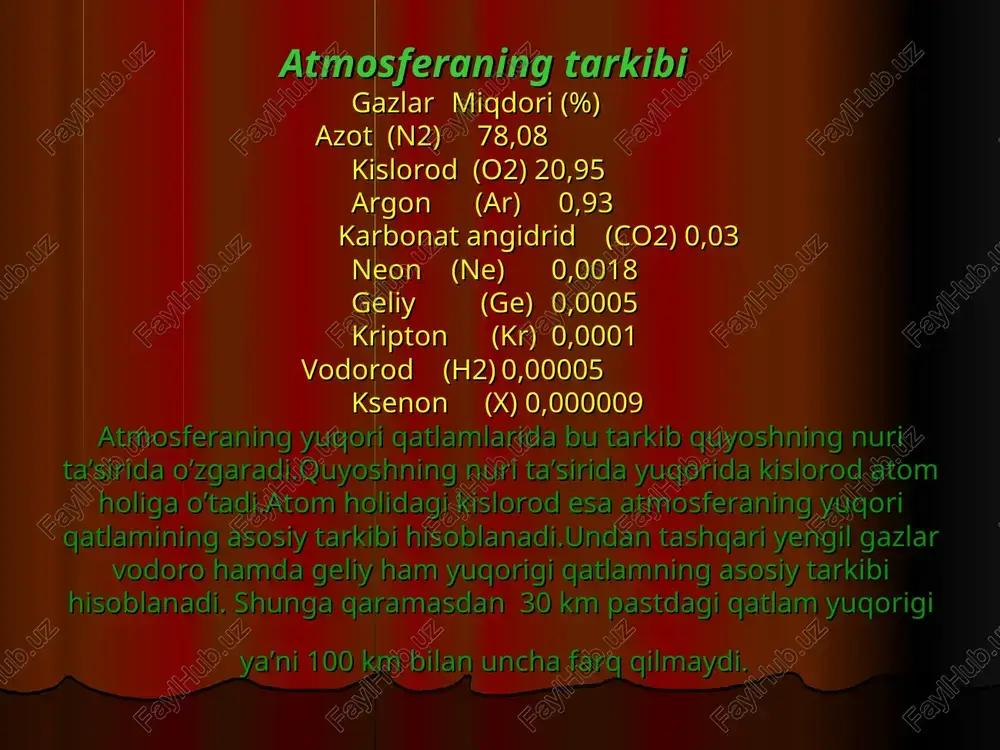 ifloslanishi deganda havoga begona birikmalarning qo'shilishi natijasiga uning fizik va kimyoviy xususiyatlarining o’zgarishi tushuniladi, atmosfera tabiiy va suniy yo'llar bilan ifloslanadi. vulqonlar otilishi, chang to'zonlar, o'rmon va dashtlardagi yong'inlar o'simlik changlari mikroorganizmlar kosmik chang va boshqalar tabiiy ifloslanish manbalaridir. suniy ifloslanish manbalariga energetika, sanoat korxonalari, transport, maishiy chiqindilar va boshqalar kiradi. hozirgi kunda atmosferaning suniy ifloslanish darajasi oshib bormoqda .atmosferaning mahalliy, regional va global ifloslanishi kuzatiladi. agregat holatiga ko'ra atmosferani ifloslovchi birikmalarni to'rt guruhga bo'lish mumkin; qattiq, suyuq, gazsimon va aralash birikmalar, havoni ifloslovchi asosiy modda va birikmalarga aerozollar, qattiq zarrachalar, kurum, azot oksidlari, uglerod oksidlari, oltingugurt oksidlari, xlorftoruglevodorodlar, metal oksidlari va boshqalar kiradi, atmosferaga o'n minglab tonna modda va birikmalar chiqarilgan bo’lib, ularning o'zaro birikib hosil qilgan aralashmalari to'la urganilmagan. bunday nomalum birikmalarning tirik jonzotlarga shu jumladan inson sog'lig'iga tasiri aniq baholangan emas. atmosfera havosi ifloslanishining tirik organizmlarga ta'siri. havoning kuchli ifloslanishi insonlar sog'lig'iga, qolaversa barcha jonzotlarga salbiy ta'sir …