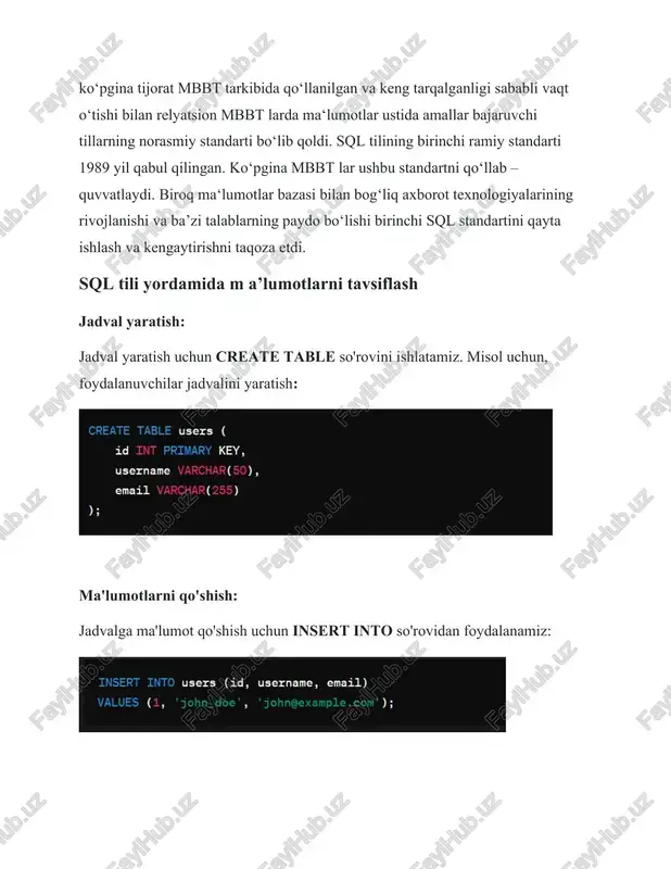 tun bo'yicha tartiblash. group by: ma'lumotlarni belgilangan ustun bo'yicha guruhlash. having: gruptagi ma'lumotlarni shart bo'yicha filtrlash. limit: natijalarni chegaralash. bu sql so'rov operatorlari yordamida ma'lumotlar bazasidagi ma'lumotlarni tanlash, filtrlash, tartiblash, guruhlash va chegaralash mumkin. 2. agregat funksiyalar: · count(): ma'lumotlar sonini hisoblash. · sum(): ma'lumotlar yig'indisini hisoblash. · avg(): ma'lumotlar o'rta qiymatini hisoblash. · min(): ma'lumotlar ichida eng kichik qiymatni topish. · max(): ma'lumotlar ichida eng katta qiymatni topish. agregat funksiyalar: agregat funksiyalar ma'lumotlarni jamlab, hisoblash, va boshqa aggregat amallar uchun ishlatiladi. ular ma'lumotlar bazasi ustida amal qiladigan funksiyalardir. nachalo formi bu misollar orqali ma'lumotlar bazasidagi ma'lumotlar ustida aggregat hisoblash amallarini ko'rish mumkin. standart funksiyalar orqali so'rovlar yaratish: standart sql funksiyalari, ma'lumotlar bazasidagi ma'lumotlarni tahlil qilish va qaytarish uchun ishlatiladi. ularning orasida concat, upper, lower, substring va boshqalar kiritiladi. bu misollar orqali ma'lumotlar bazasidagi ma'lumotlarni o'zgartirish va tahlil qilish uchun standart sql funksiyalaridan foydalanish mumkin. distinct standart so‘zi va undan …