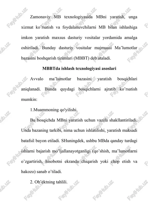 bo’lgan operatsiyalar. ular ko’rib chiqilayotgan ma’lumotlar modeli uchun ma’lumotlar tilining asosini tashkil etadi. yaxshi ma’lumotlar tuzilmasining o’zigina etarli emas. ma’lumotlarni aniqlash tili (mat) va ma’lumotlar bilan amallar bajarish tilining (mabt) turli operatsiyalari yordamida bu tuzilma bilan ishlash imkoniga ega bo’lish zarur. 3. yaxlitlikni nazorat qilish uchun cheklashlar. ma’lumotlar modeli uning yaxlitligini saqlash va ximoya qilishga imkon beruvchi vositalar bilan ta’minlangan bo’lishi lozim. quyida shunday cheklanishlarning namunalari keltirilgan: a) har bir "kichik daraxt" tugunga ega bo’lishi kerak. ma’lumotlarning ierarxik bazalarida birlamchi tugunsiz "tug’ma" tugunlarni saqlash mumkin emas. b) ma’lumotlarning relyatsion bazasiga nisbatan bir xil kortejlar bo’lmaydi. fayl uchun bu cheklash barcha yozuvlarning yagonaligini talab etadi. foydalanilgan adabiyotlar ro’yxati o’zbekiston respublikasi prezidentining farmonlari va qarorlari: 1. «kompyuterlashtirishni yanada rivojlantirish va axborot – kommunikatsiya texnologiyalarini joriy etish to’g’risida» (30.05.2002 y. № up - 3080); 2. «telekommunikatsiya sohasida boshqarishni takomillashtirish chora-tadbirlari to’g’risida» (28.06.2000 y. № up – 2647); 3. «axborot texnologiyalari sohasida kadrlar tayyorlash …