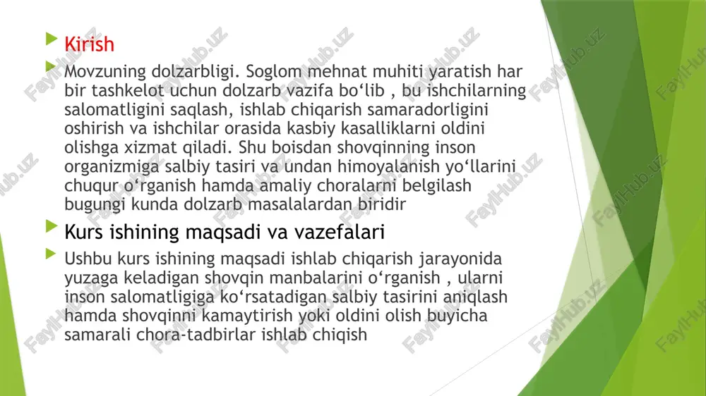 vositalari (naushniklar, quloq tiqinlari) berilishi lozim. 7. ish joyini to‘g‘ri loyihalash: shovqin manbalarini minimallashtiradigan rejalashtirish va joylashtirish. 8. shovqin darajasini doimiy monitoring qilish: maxsus shovqin o‘lchagichlar orqali nazorat olib borish. 2.3 ishlab chiqarishda shovqinlarni kamaytirish tadbirlari 1. texnologik tadbirlar shovqinsiz yoki kam shovqinli uskunalardan foydalanish – yangi avlod mashina va jihozlarni tanlash. uskunalarni muntazam texnik xizmat ko‘rsatish – eskirgan va notekis ishlayotgan qismlar shovqinni oshiradi. jarayonlarni avtomatlashtirish – inson ishtirokini kamaytirib, xavfli zonalarda ishlashni minimallashtiradi. 2. tashkiliy tadbirlar shovqinli va sokin sexlarni ajratish – binoni zonalarga bo‘lish orqali tarqalishni kamaytirish. ish jadvalini rejalashtirish – yuqori shovqinli operatsiyalarni qisqa muddatlarga taqsimlash. shaxsiy himoya vositalarini ta’minlash – naushnik, eshitish vositalari bilan xodimlarni ta’minlash. 3. konstruktsion tadbirlar shovqin yutuvchi materiallardan foydalanish – devor, ship va polga maxsus qoplamalar qo‘yish. ekranlar va to‘siqlar o‘rnatish – manbani izolyatsiya qilish. vibratsiyani kamaytirish vositalari – amortizatorlar, rezina tagliklar qo‘llash. 4. me’yoriy va nazorat tadbirlari shovqin darajasini doimiy …