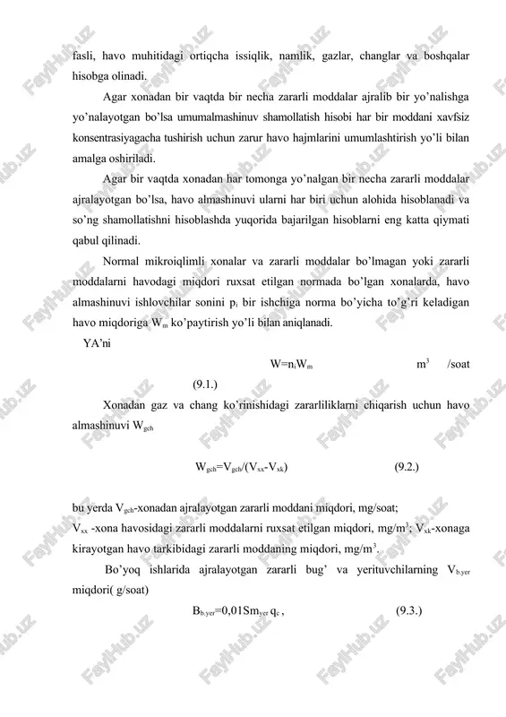 irilgan va tashkillashtirilmagan turlarga bo’linadi. agar shamollatish qurilmalarida havo oqimi yo’nalishini miqdorini rostlovchi moslamalar o’rnatilgan bo’lsa, bunday shamollatish sistemasi tashkillashtirilgan deb ataladi. havoning tortish kuchini oshirish maqsadida deflektorlardan foydalaniladi. u shamollatish kanallarining yuqori qismiga o’rnatiladi. havo oqimi deflektor orqali o’tishi natijasida havo kanallarida siyraklanish hosil bo’ladi va buning ta’sirida kanalda havoning tezligi oshadi. deflektorning diametri quyidagicha aniqlanadi: d=0,0188 , (9.6.) bu yerda wd-deflektorning ish unumdorligi, m3/s; -havoning deflektordagi tezligi, m/s. hisob ishlarida =(0,2-0,4) x qabul qilinishi mumkin. bu yerda x -havoning tezligi, m/s. tabiiy havo almashinish qurilmalarining ishlashi samaradorligi ulardan qanchalik to’g’ri foydalanish darajasiga bog’liq. shuning uchun tabiiy havo almashinish qurilmalarining elementlari o’rnatilib bo’lingach, ular sinovdan o’tkazilishi lozim. buning uchun havo almashinishi ko’zda tutilgan kanallar va tuynuklar ochib qo’yiladi hamda ularning yuzasi aniqlanadi. havo o’tish yo’lining o’rtasiga anemometr o’rnatilib, havoning tezligi o’lchanadi. shamollatish qurilmasining ish unumdorligi olingan natijalar asosida quyidagicha topiladi: wt=3600 an.x sxt , (9.7.) bu yerda an.x-anemometr ko’rsatishi …