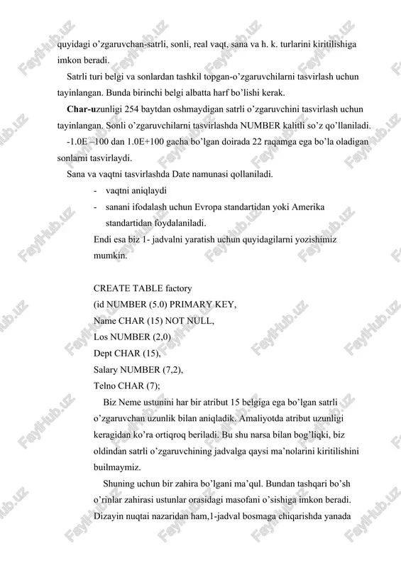 larni nuii bilan to’ldirish mumkin. select buyrug’i:- bo’limda foydalanuvchining jadvallar bilan ishlash usullari qaraladi. select buyrug’i sql tilining asosiy buyruqlaridan biri hisoblanadi. bu buyruq ma’lumotlar qatori bilan barcha amallarni ta’minlaydi. quyida select buyrug’ining asosiy imkoniyatlari keltirilgan. a) barcha ma’lumotlarni ko’rish. select* from factory; (f) belgisi factory jadvalining barcha ustunlarini tanlash kerakligini bildiradi. bu natijani select buyrug’idan keyin barcha ustunlar nomini berish bilan olsa bo’ladi: select name, dob, pol, los, dept, salary, telno from factory; natijada ekranda 1- davalning barcha ustunlari paydo bo’ladi. ustunlar tartibi select buyrug’ida belgilangandek bo’ladi. b) ustunlarni tanlab chiqarish. ustunlarni alohida chiqarish uchun select buyrug’ida ko’rsatish kerak: select name, dept from factory; natijada name va deftdagi jadvallarni olishimiz mumkin. v) satrlarni tanlab ko’rish. ma’lumotlar bilan ishlaganda ko’pincha jadvaldan faqat aniq bir satrni ko’rish hollari uchrab turadi, bunday holda select buyrug’ining umumiy ko’rinishi qo’yidagicha bo’ladi; select- ustunlar nomi; from- jadvallar nomi; where- satr tanlash sharti; 1-jadvaldagi ishchi, hodimlarni …