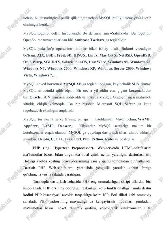 , example turidagi jadvallar shular jumlasiga kiradi. mysql jadvallarining maksimal o‘lchami 3.22-4 gbayt, keyingi versiyalarida 8 mln tbaytga yetkazish koz’da tutilgan. jadvalning o‘lchami uning turiga bog‘liq. myisam turi operatsion sistemaning fayllar tizimidagi fayl o‘lchamiga bog‘liq. htfsda fayl o‘lchami nazariy tomondan 32 ebayt (eksabayt)ga yetishi mumkin. innodb turidagi jadvallar o‘lchami 64 tbaytga yetishi mumkin. jadvallarda ustunlarning maksimal soni 409 tagacha bo‘lishi mumkin. sql so’rovlar tili sql maxsus relyatsion ma’lumotlar bazasi bilan ishlashga mo‘ljallangan til bo‘lib, ma’lumotlar bazasini boshqarish tizimini boshqarish uchun mo‘ljallangan so‘rovlar tilidir. sql tilining bir necha standartdagi ko‘rinishlari mavjud. sql-89 va sql-92 eng keng tarqalgan hisoblanadi. sql-92 standarti ansi standarti deb ham ataladi. qo‘llanmada ma’lumotlar bazasining jadvallari ustida faqat oddiy amallar bajarishga mo‘ljallangan asosiy buyruqlari qarab chiqiladi. sqlda boshqa dasturlash tillaridagi kabi buyruqlar ko‘p emas. dasturlash tillaridagi ba’zi buyruqlar umuman qo‘llanilmaydi. masalan, takrorlanish operatorlari, o‘tish operatorlari va sh.o‘. sql tilidagi buyruq - sql-so‘rov deb ataladi. sql tili maqsadli ma’lumotlarga …