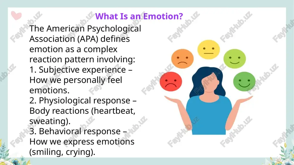 ack theory suggests that facial expressions affect emotions. smiling can make you feel happier, while frowning can intensify sadness. example: studies show that people forced to smile during an activity report more enjoyment than those who don’t. 13 practical benefits: ✔ better mental health – managing emotions reduces stress. ✔ stronger relationships – understanding emotions improves social interactions. ✔ better leadership – emotional intelligence helps in teamwork and decision-making. schachter-singer & cognitive appraisal theories schachter-singer theory (two-factor theory) emotion = arousal + cognitive label our brain interprets body reactions based on the situation. example: your heart races → if you’re at a party, you interpret it as excitement. if you’re in a dark alley, you interpret it as fear. cognitive appraisal theory (richard lazarus) thinking must happen before experiencing an emotion. you evaluate a situation, then feel an emotion. example: you hear a loud noise → you assess whether it’s …