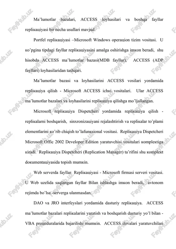 zimli maydonlar va replikatsiya xossalari qo’shiladi. ma’lumotlar bazasi strukturasini o’zgartirish faqat asosiy replikada mumkin. boshqa replikalar ham asosiy deb tayignlanishi mumkin, lekin xar daqiqada replikalar to’plamida faqat bita asosiy replika bo’lishi mumkin. asosiy va boshqa replikalar ma’lumotlar bazasi umuiy strukturasiga va unikal replikalar to’plami identifikatoriga ega. sinxronizatsiya deb bu xolda replikalar to’plami ikki komponentasi yangilanish jarayoniga aytilib, bu jarayonda yangilangan yozuvlar va ob’ektlar bilan almashinadi. ikki komponenta sinxronizatsiyasidan so’ng bir replikadagi o’zgarishlar ikkinchisiga qo’llanadi. qismiy replika - to’la replika yozuvlarining qism to’plamini o’z ichiga oladi. qismiy replika yordamida foydalanuvchi filtrlarni o’rnatish va munosabatlarni berish imkoniyatiga ega. bu munosabatlar to’la replika yozuvlarining qaysi qism to’plami ma’lumotlar bazasiga kirishi kerakligini belgilaydi. ko’rinish sohasi. replikalar ko’rinish sohasi bo’yicha uch tipga ajratiladi: global, lokal va anonim. replika tipii replikaning mu’im xossalarini belgilaydi, masalan: bu replika bo’yicha yaratilishi mumkin bo’lgan replika tipi, bu replika replikalar to’plamida asosiy replika bo’la olishi, xamda - qanday qilib unda …