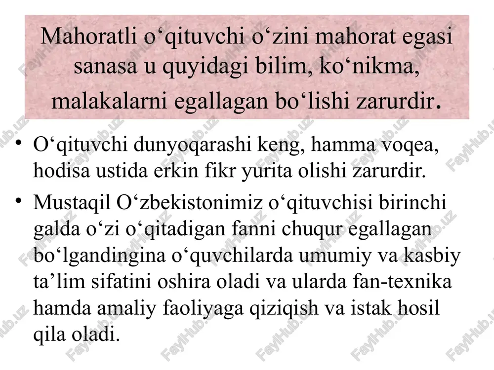pedagogik jarayonning o‘z maqsadi, ishtiyoqi va shaxsiy xulqqa ega bo‘lgan ishtirokchisi hamdir. pedagog doimo o‘sib-o‘zgarib boradigan inson bilan ishlaydi. ularga yondoshishda bir xil qolip, shakllanib qolgan xatti-harakatlardan foydalanish mumkin emas. bu esa pedagogdan doimo ijodiy izlanib turishni talab qiladi. «pedagogik mahorat» bir kategoriya sifatida o‘zining ilmiy asoslariga yega. 1987-1997 yillardagi ilmiy yondashuvlar bu favqulodda hodisaga nisbatan quyidagicha xulosa qilishga imkon berdi: pedagogik mahorat kasbiy faoliyatdagi individuallikning yorqin ko‘rinishi sifatida tushuniladi. pedagogik mahorat kategoriyasi kasbiy faoliyat nuqtai nazardan kishining individualligini xarakterlaydi. hozirgi tadqiqotlarda pedagogik mahoratning o‘ziga xosligi quyidagi kategoriyalarda jamlanadi: turli tadqiqotchilar ishlarida ayni bir hodisani tavsiflash uchun turlicha tushunchalardan foydalanish boshqacha ma’no va mazmun tomonlariga ega. turli muallif asarlarida pedagogik mahoratning yagona, tan olingan ta’rifining yo‘qligi uni tadqiqotning jonli jarayoni deb xulosa chiqarishga asos bo‘ladi. tushunchalar, fikrlaming turli-tumanligi bu hodisaning murakkabligi va ko‘p qirraliligidan dalolat beradi. barcha ta’riflarda urg‘u shaxsga beriladi va shu tariqa ular pedagogik mahoratning sotsial mohiyatini aks …